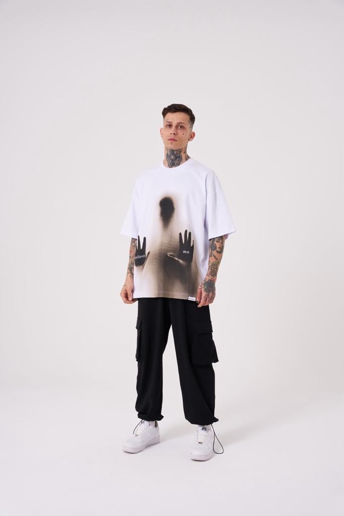 Erkek Believe Me Baskılı Oversize Tişört Beyaz