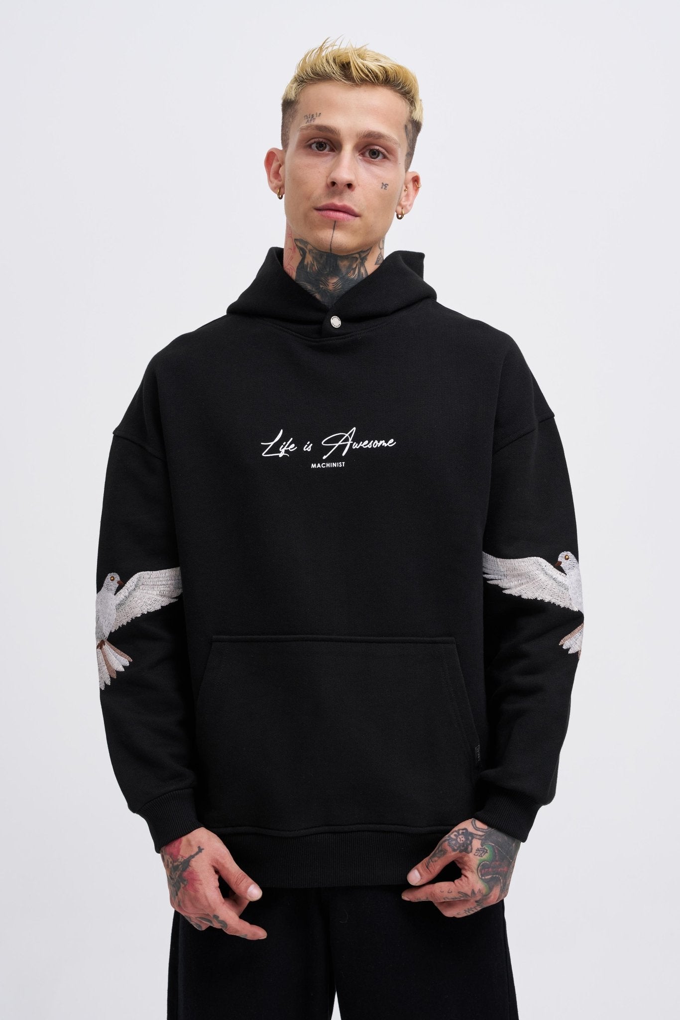 Erkek Birds Embroidered Kapüşonlu Sweatshirt Siyah