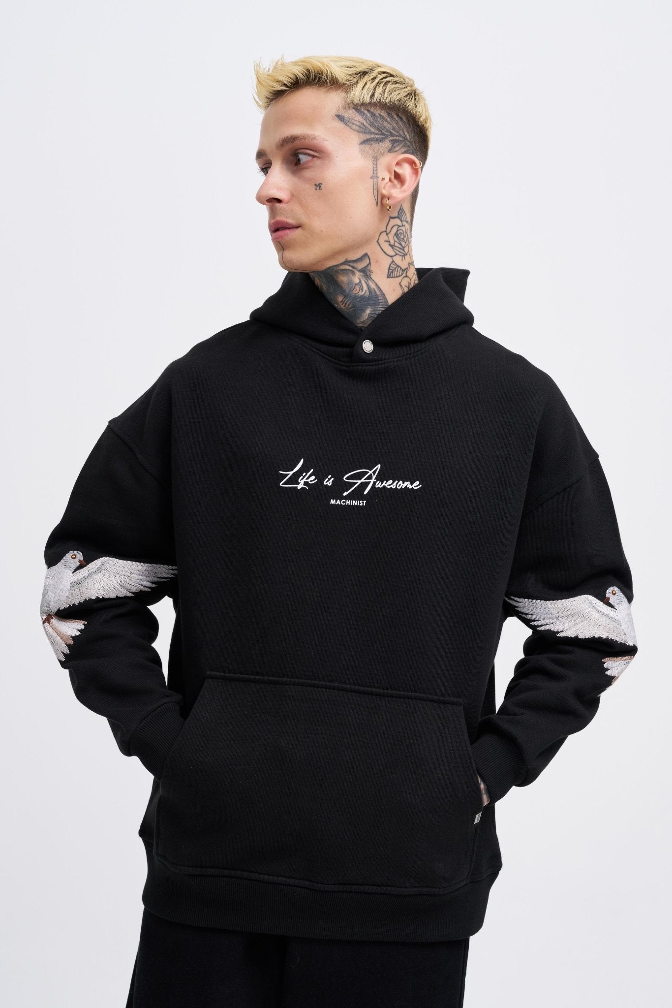 Erkek Birds Embroidered Kapüşonlu Sweatshirt Siyah