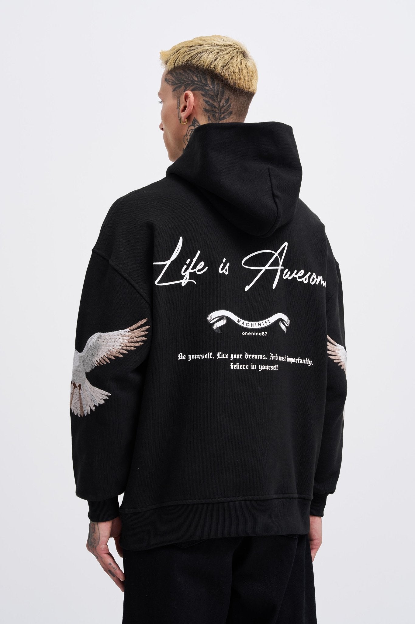 Erkek Birds Embroidered Kapüşonlu Sweatshirt Siyah