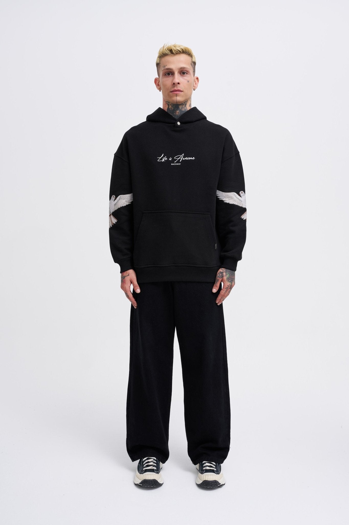 Erkek Birds Embroidered Kapüşonlu Sweatshirt Siyah
