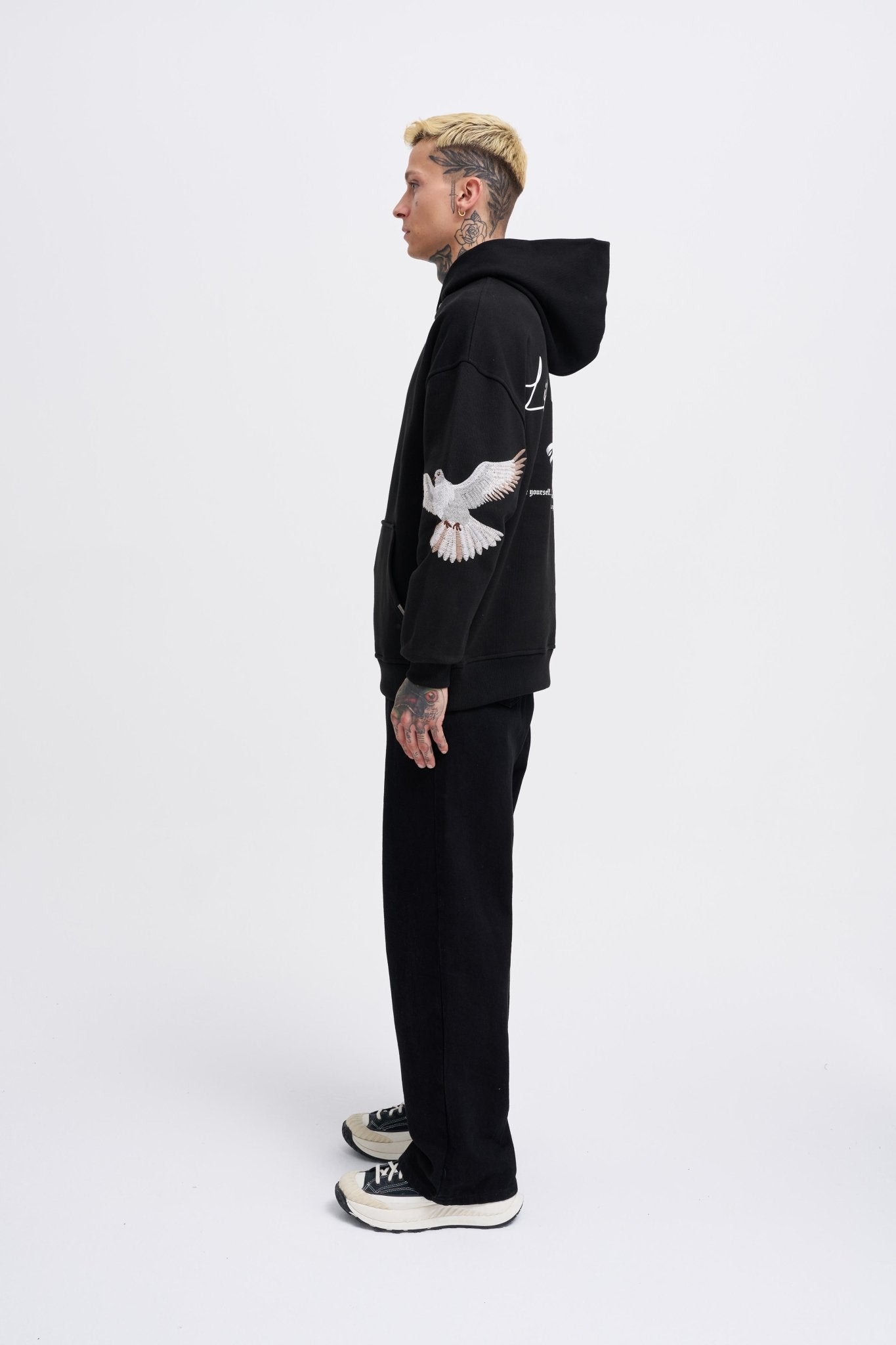 Erkek Birds Embroidered Kapüşonlu Sweatshirt Siyah