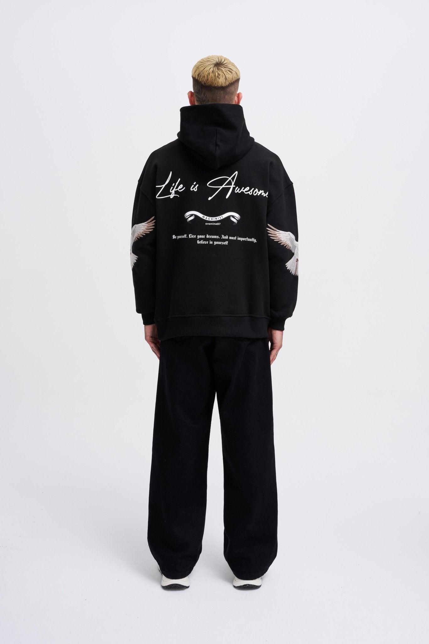 Erkek Birds Embroidered Kapüşonlu Sweatshirt Siyah