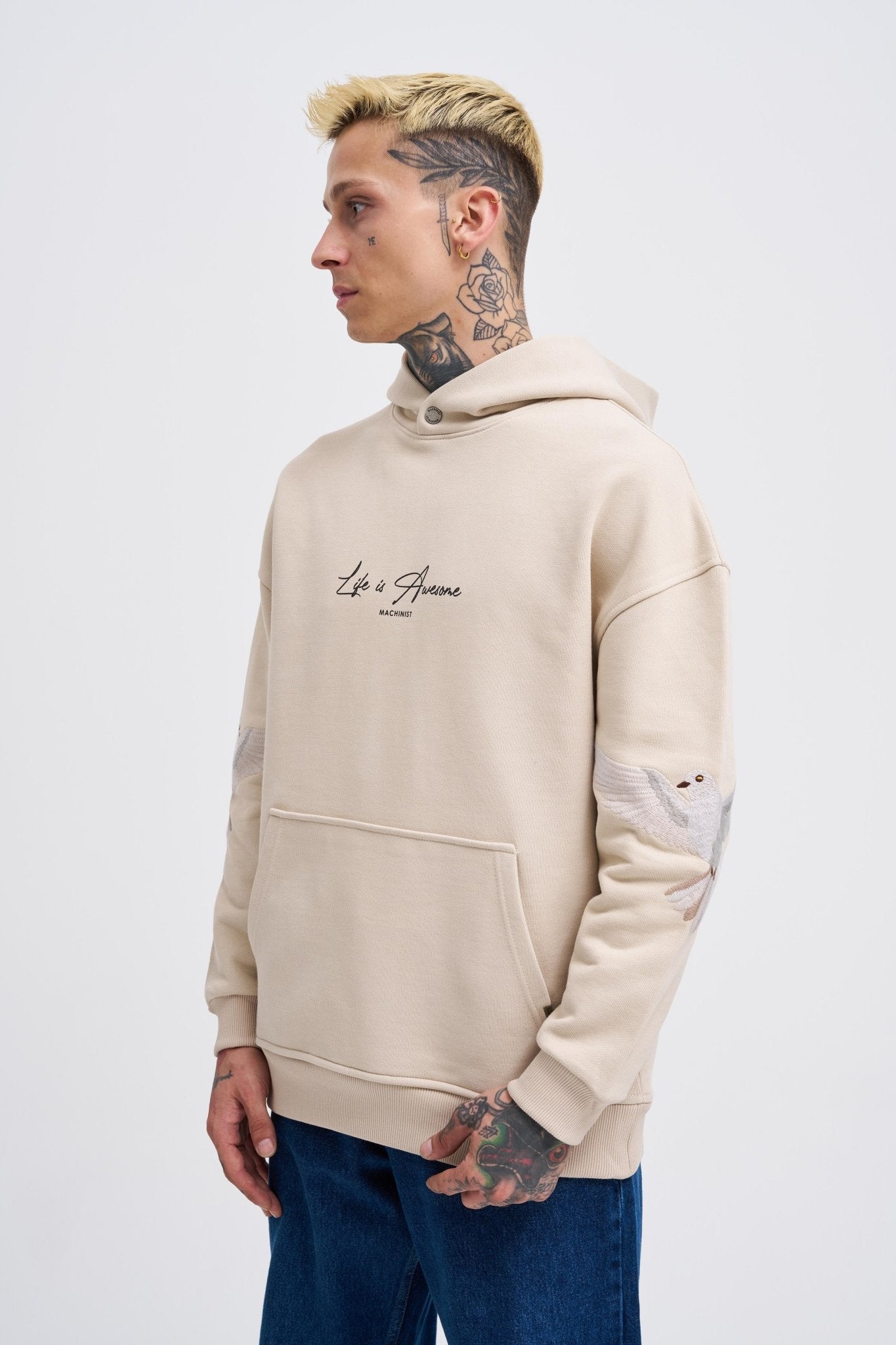 Erkek Birds Embroidered Kapüşonlu Sweatshirt Açık Bej