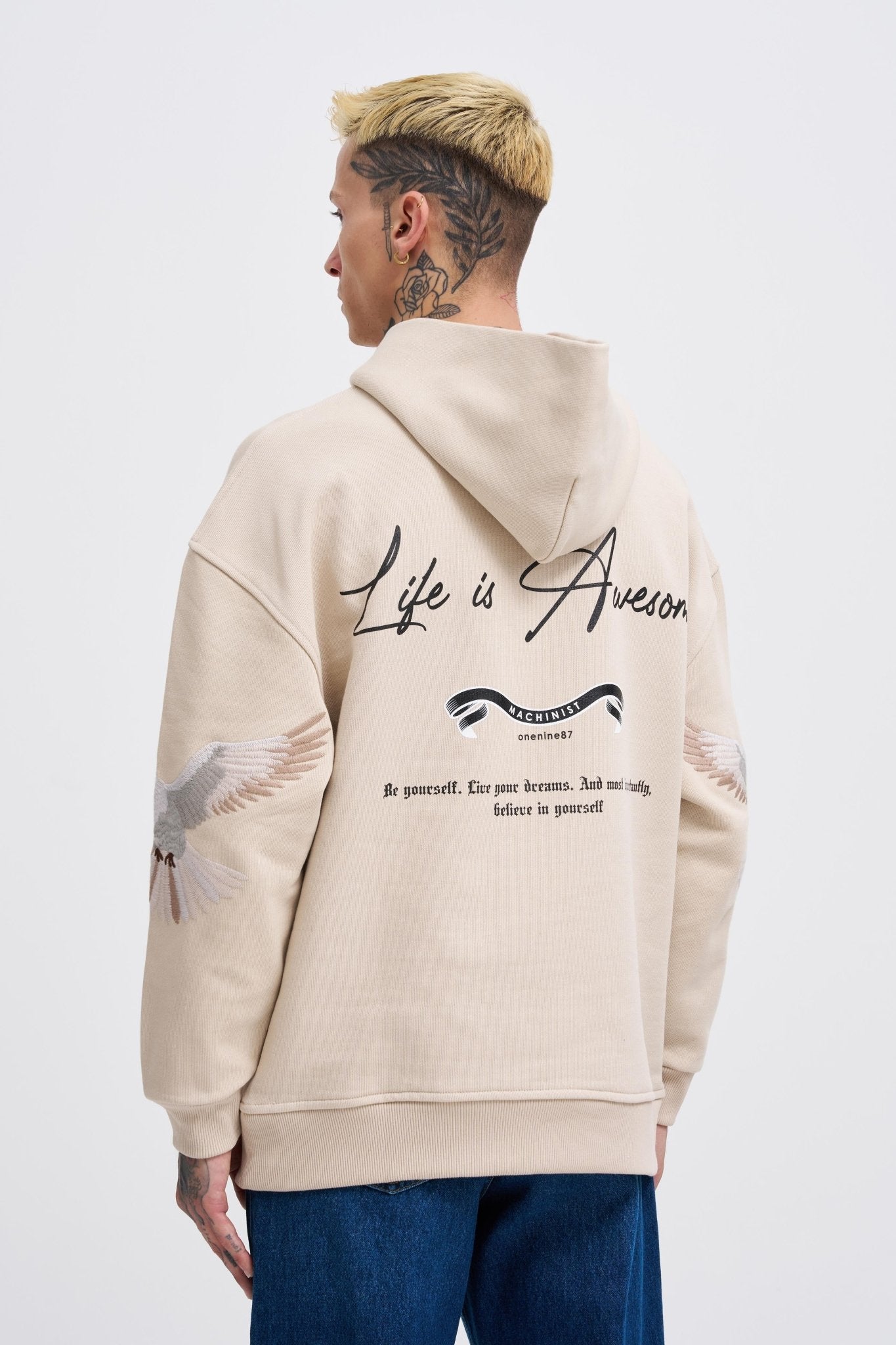 Erkek Birds Embroidered Kapüşonlu Sweatshirt Açık Bej