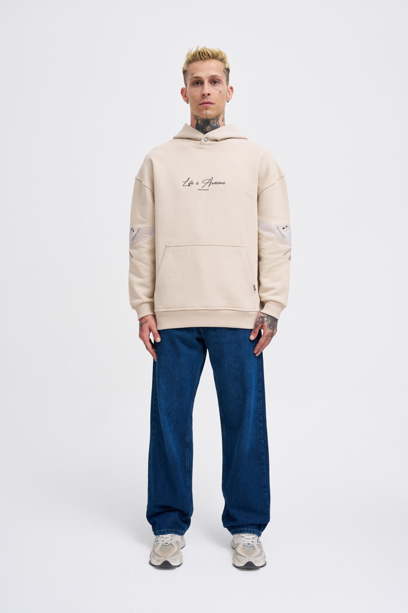 Erkek Birds Embroidered Kapüşonlu Sweatshirt Açık Bej