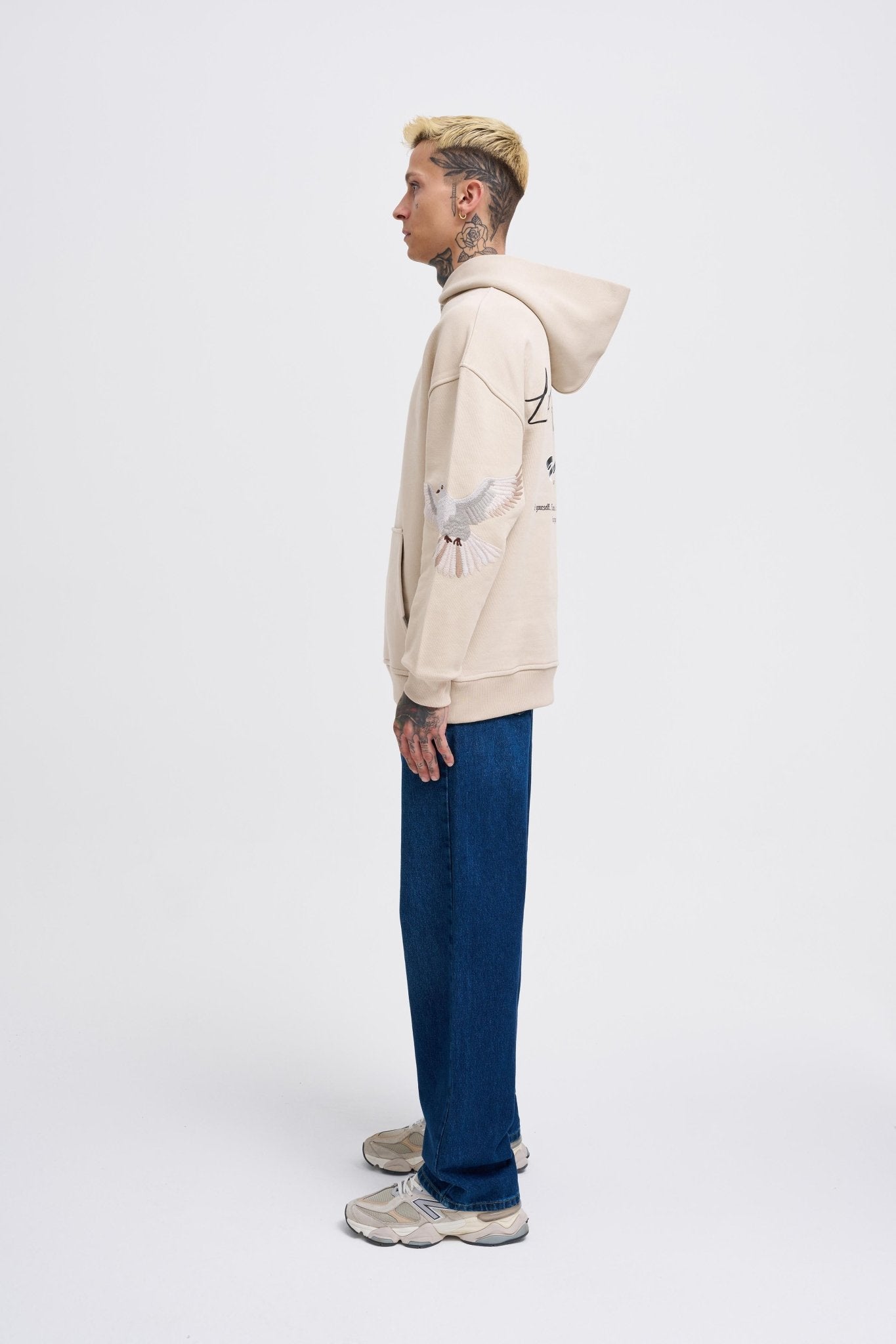 Erkek Birds Embroidered Kapüşonlu Sweatshirt Açık Bej