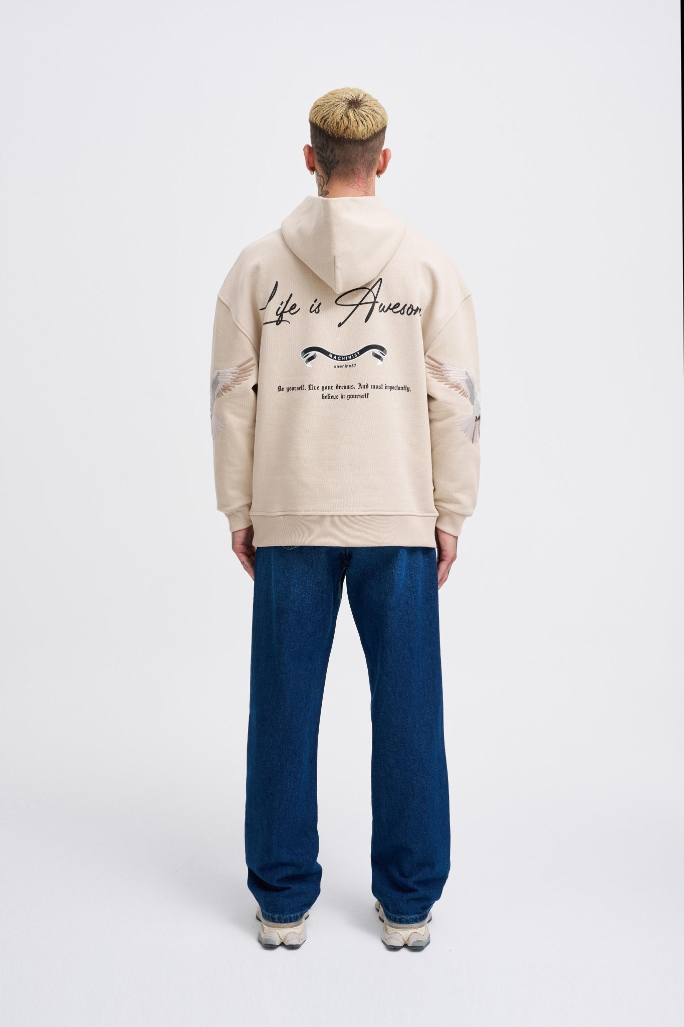 Erkek Birds Embroidered Kapüşonlu Sweatshirt Açık Bej