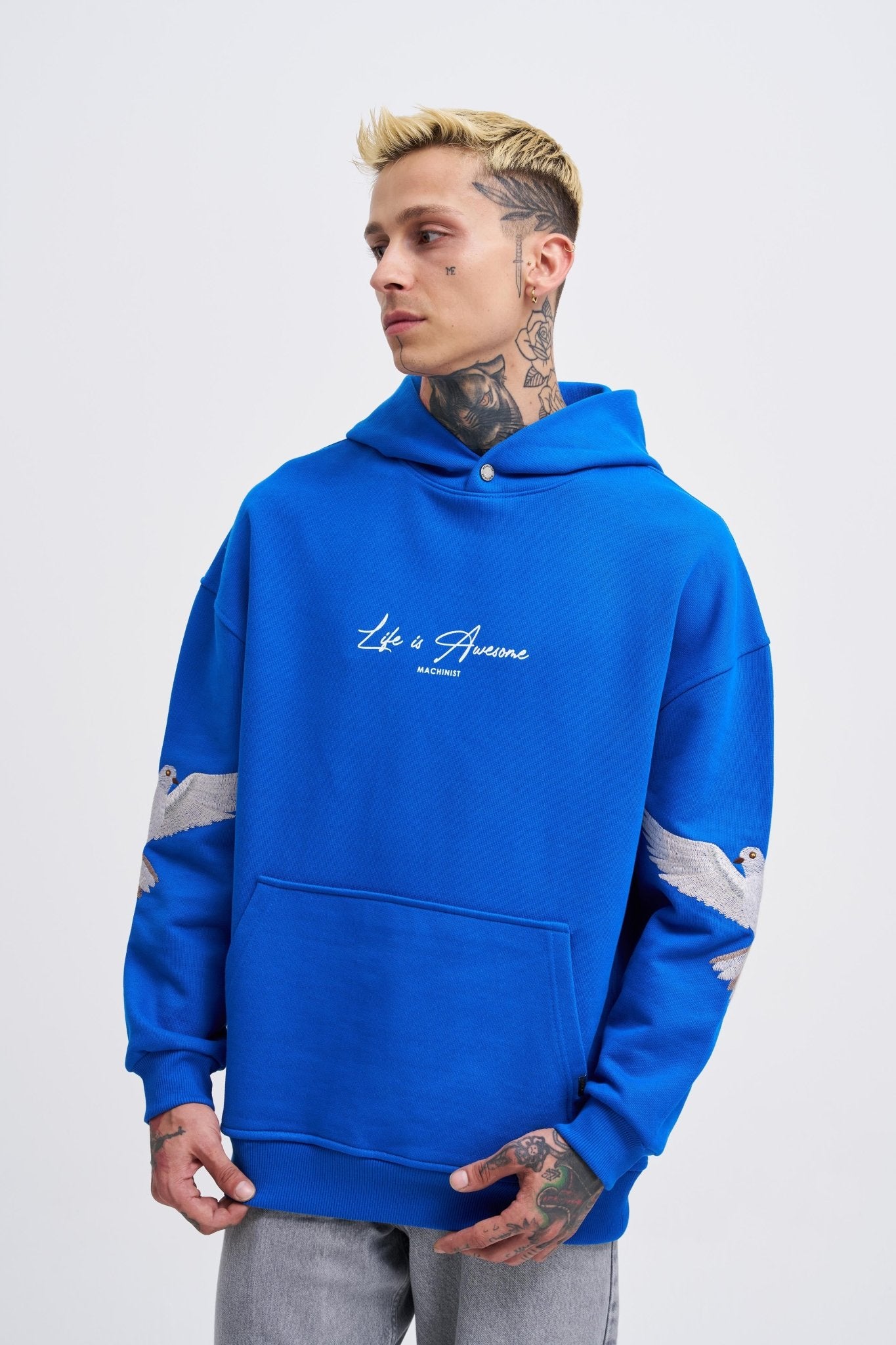 Erkek Birds Embroidered Kapüşonlu Sweatshirt Açık Mavi