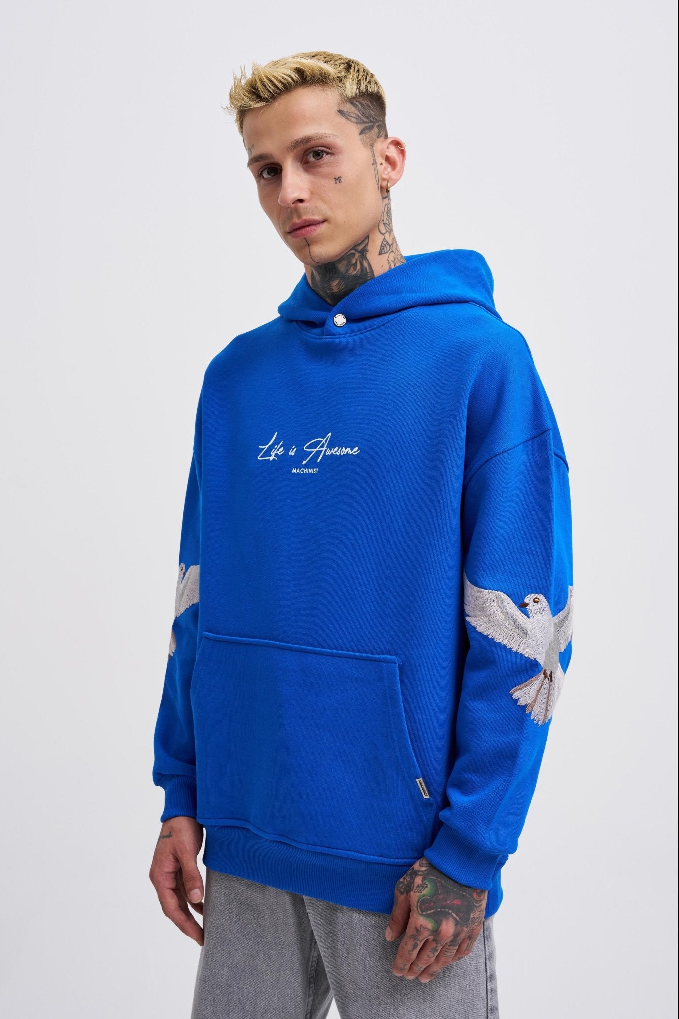 Erkek Birds Embroidered Kapüşonlu Sweatshirt Açık Mavi