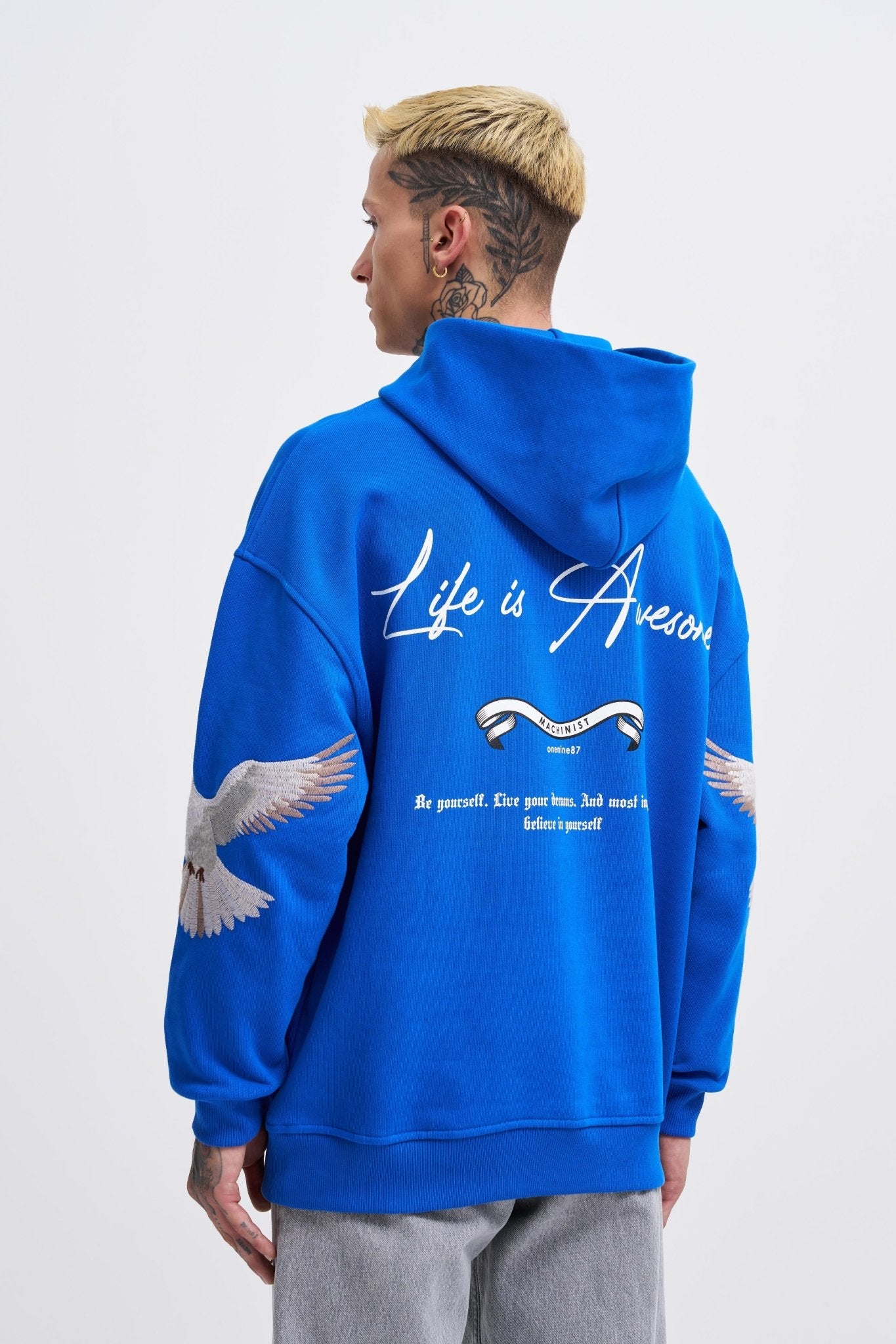 Erkek Birds Embroidered Kapüşonlu Sweatshirt Açık Mavi