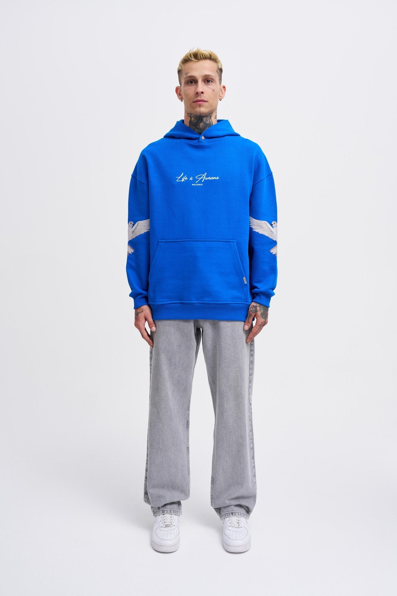 Erkek Birds Embroidered Kapüşonlu Sweatshirt Açık Mavi