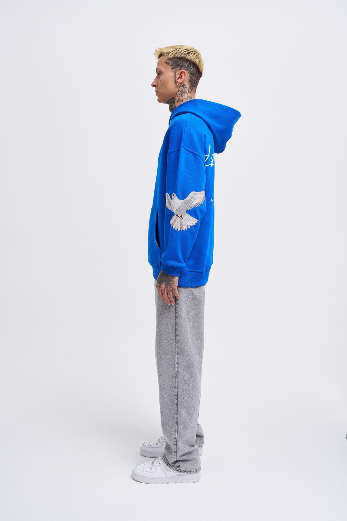 Erkek Birds Embroidered Kapüşonlu Sweatshirt Açık Mavi