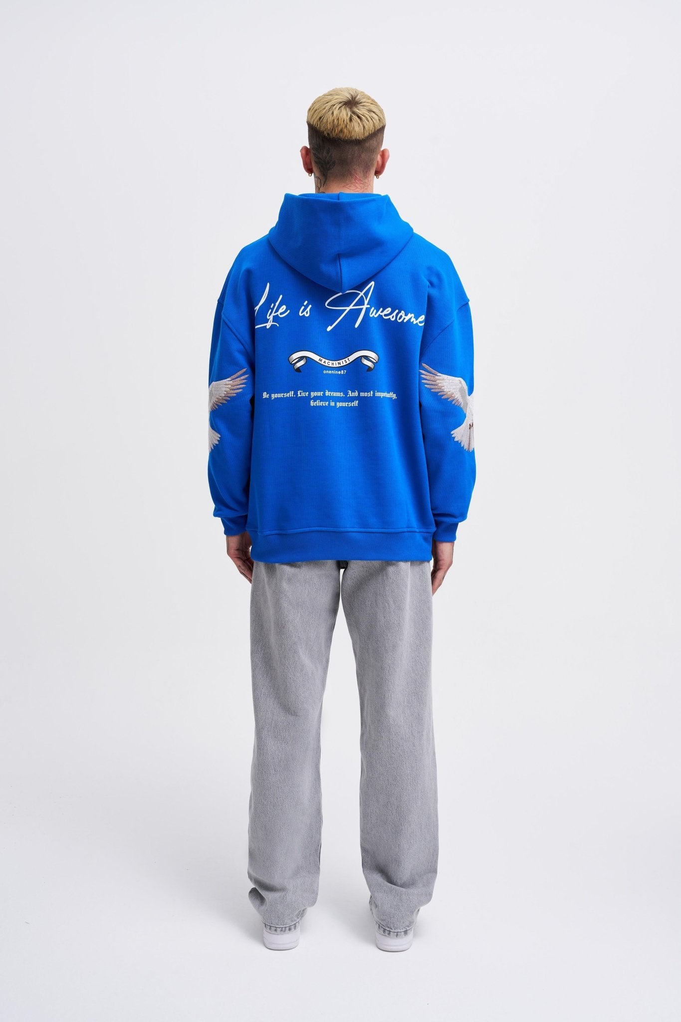 Erkek Birds Embroidered Kapüşonlu Sweatshirt Açık Mavi