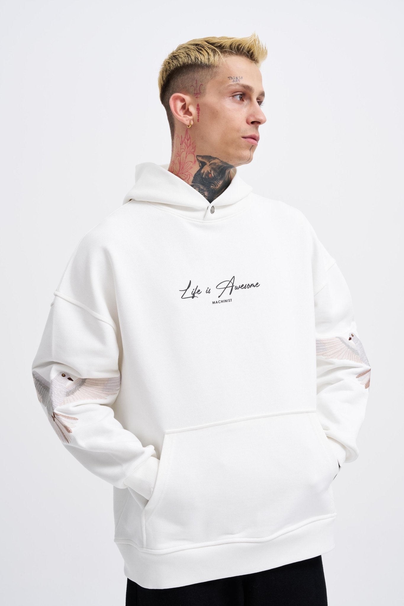 Erkek Birds Embroidered Kapüşonlu Sweatshirt Ekru