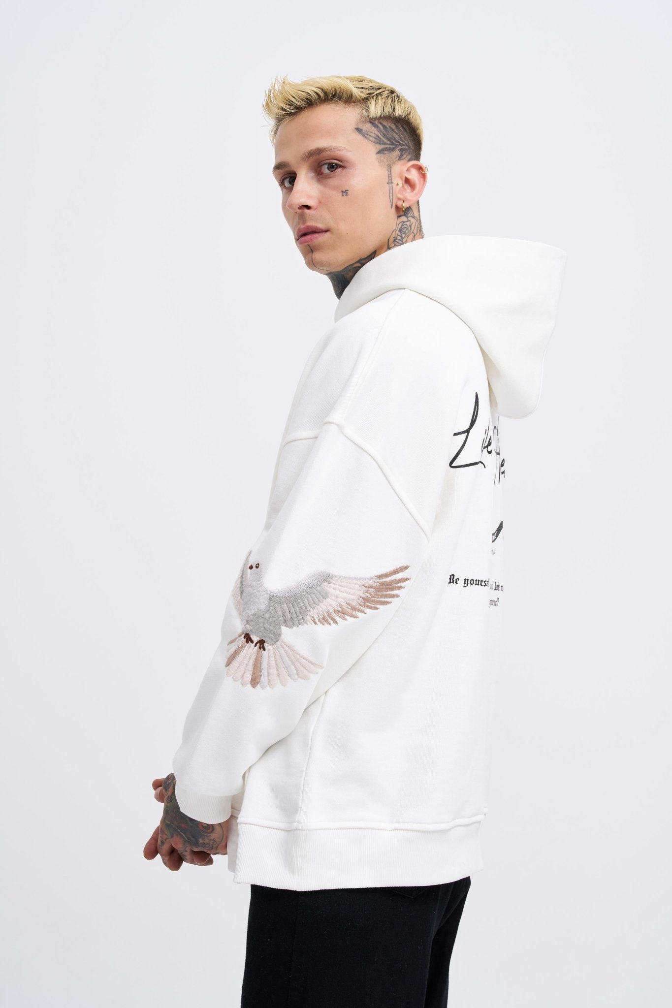 Erkek Birds Embroidered Kapüşonlu Sweatshirt Ekru