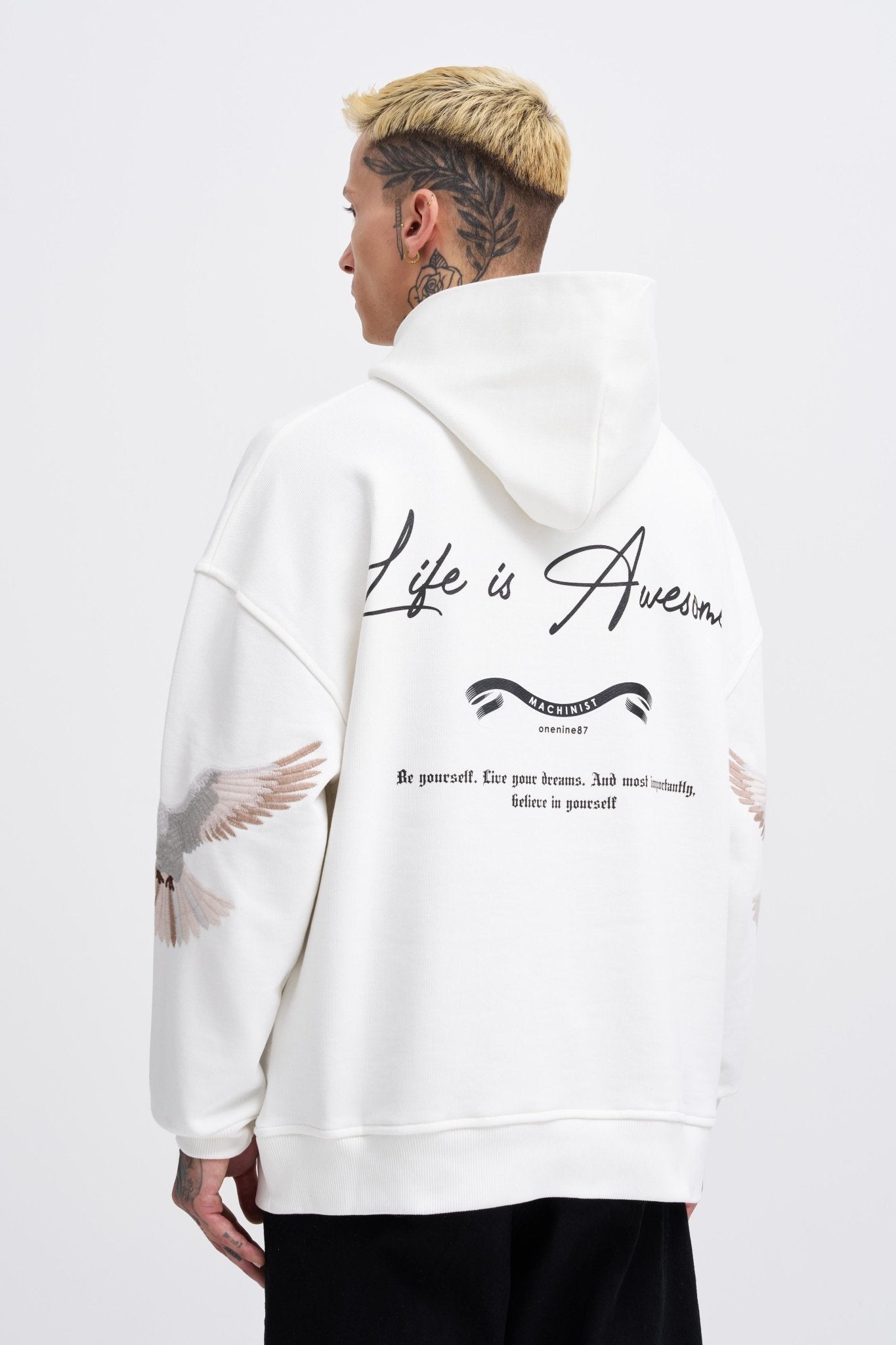 Erkek Birds Embroidered Kapüşonlu Sweatshirt Ekru