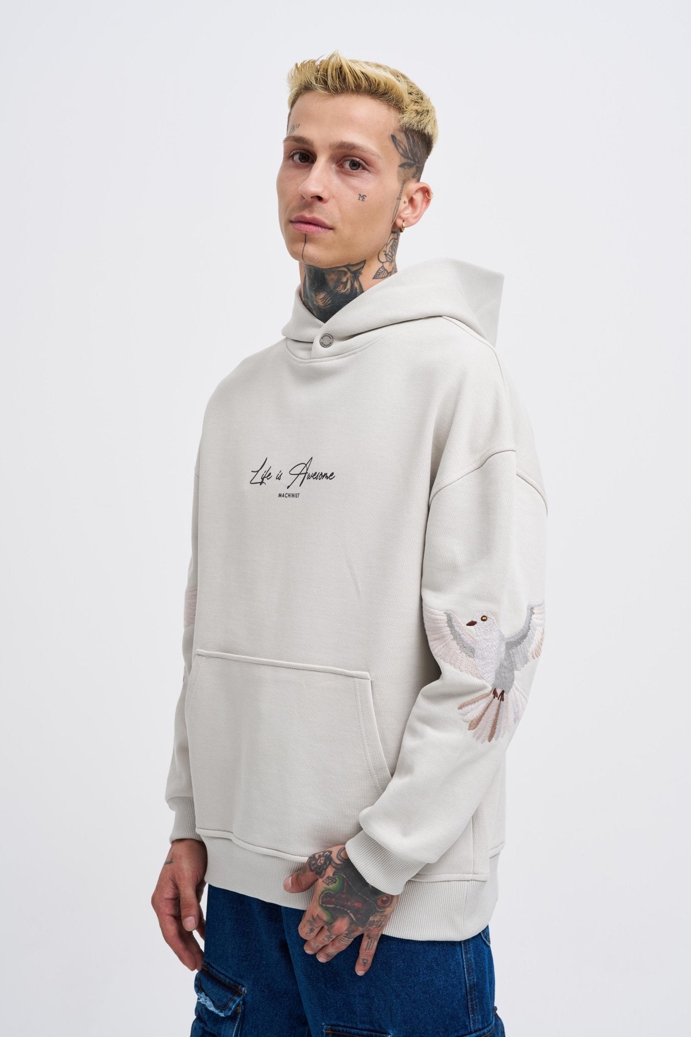 Erkek Birds Embroidered Kapüşonlu Sweatshirt Uzay Grisi