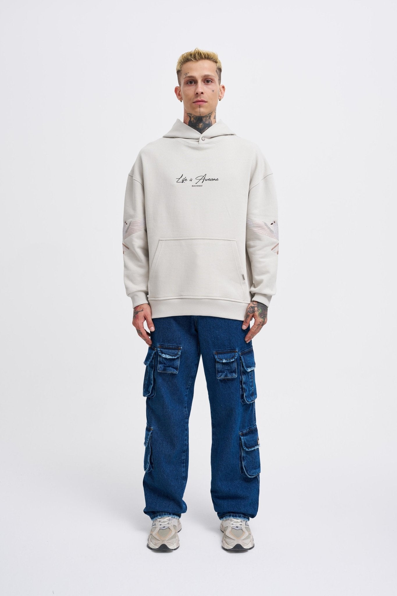 Erkek Birds Embroidered Kapüşonlu Sweatshirt Uzay Grisi