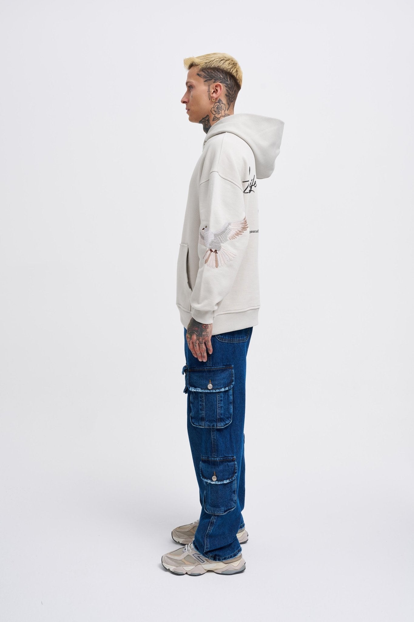 Erkek Birds Embroidered Kapüşonlu Sweatshirt Uzay Grisi