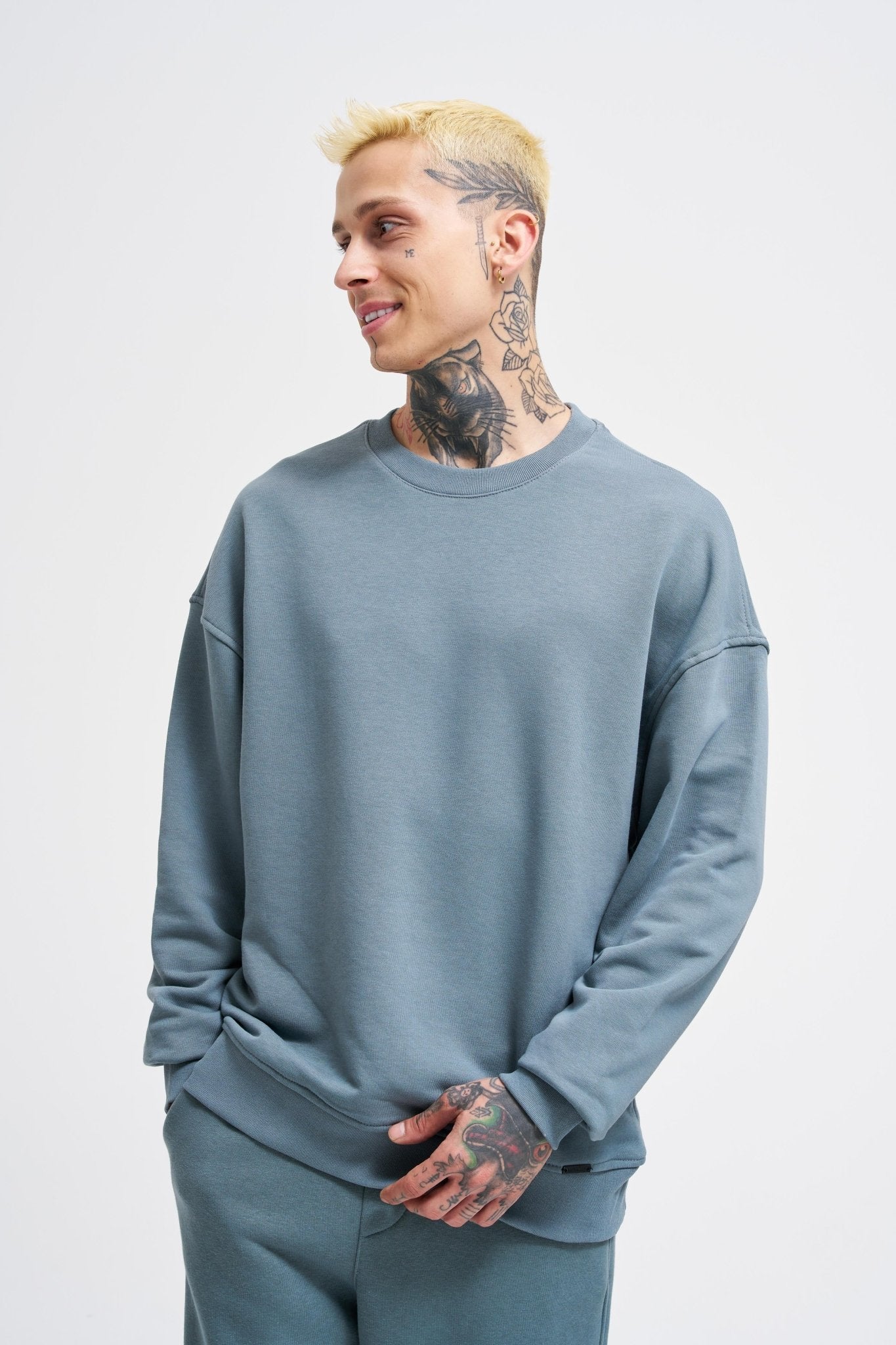 Erkek Bisiklet Yaka Basic Oversize Sweatshirt Mavi Duman