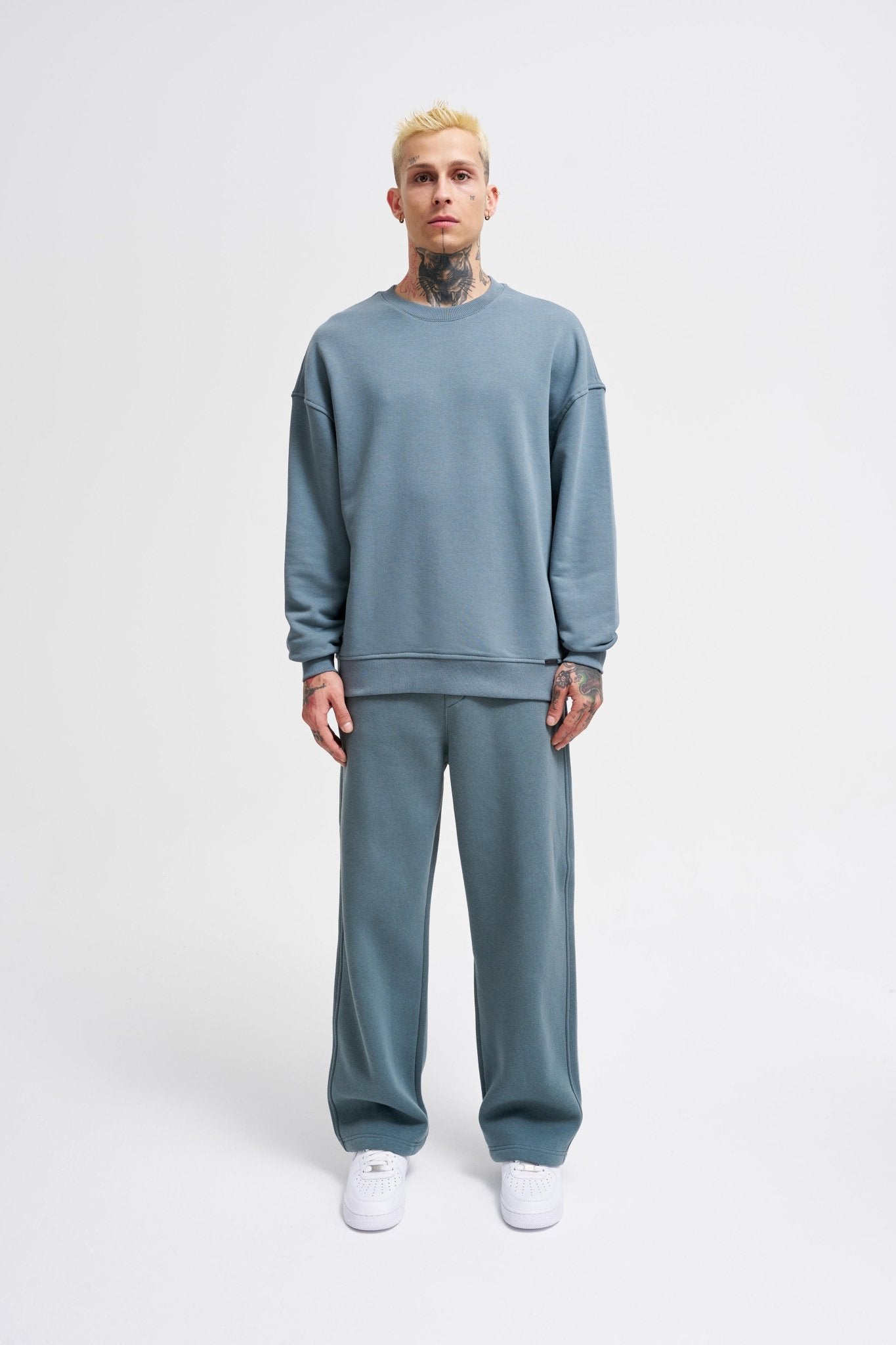 Erkek Bisiklet Yaka Basic Oversize Sweatshirt Mavi Duman
