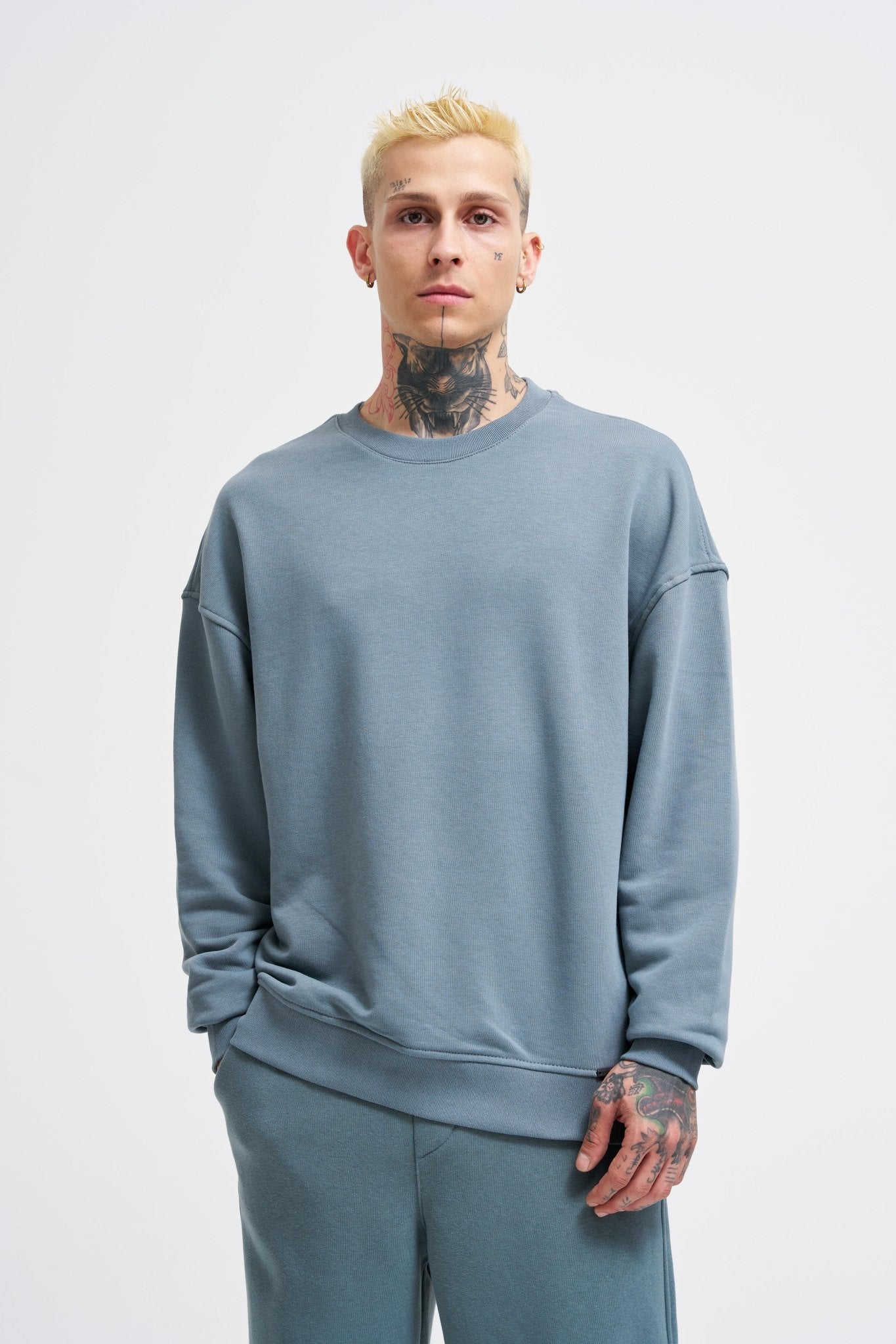 Erkek Bisiklet Yaka Basic Oversize Sweatshirt Mavi Duman