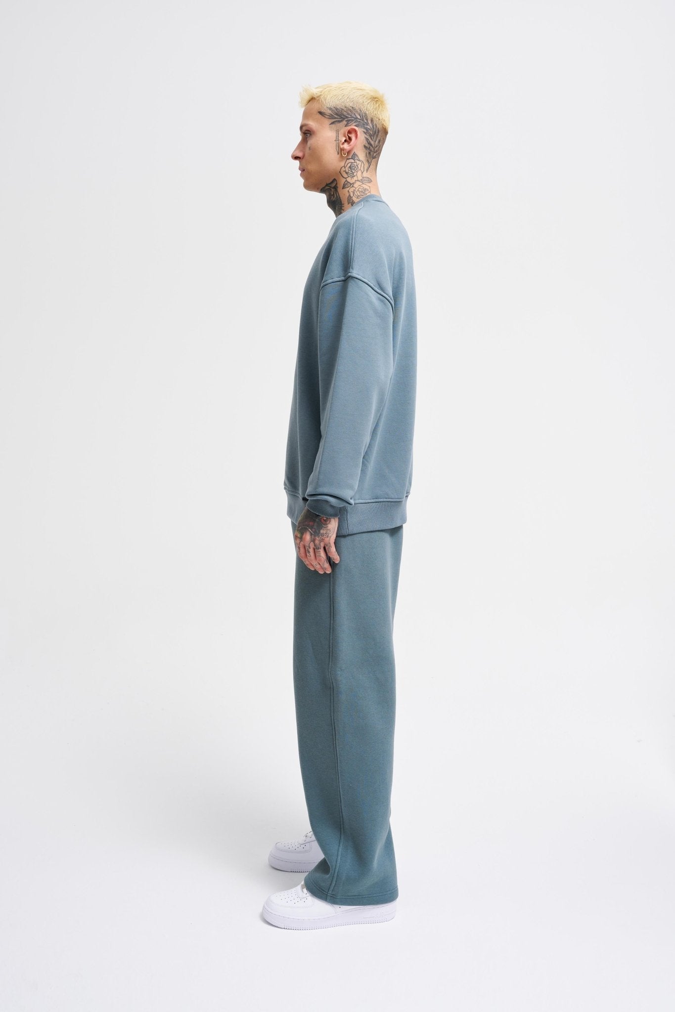 Erkek Bisiklet Yaka Basic Oversize Sweatshirt Mavi Duman