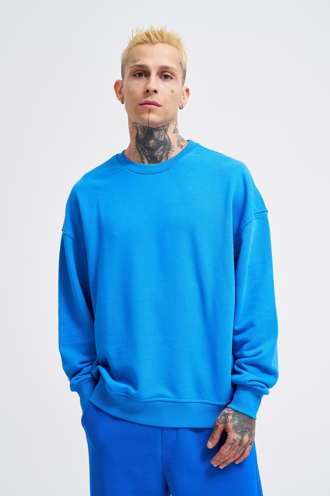 Erkek Bisiklet Yaka Basic Oversize Sweatshirt Saks Mavi