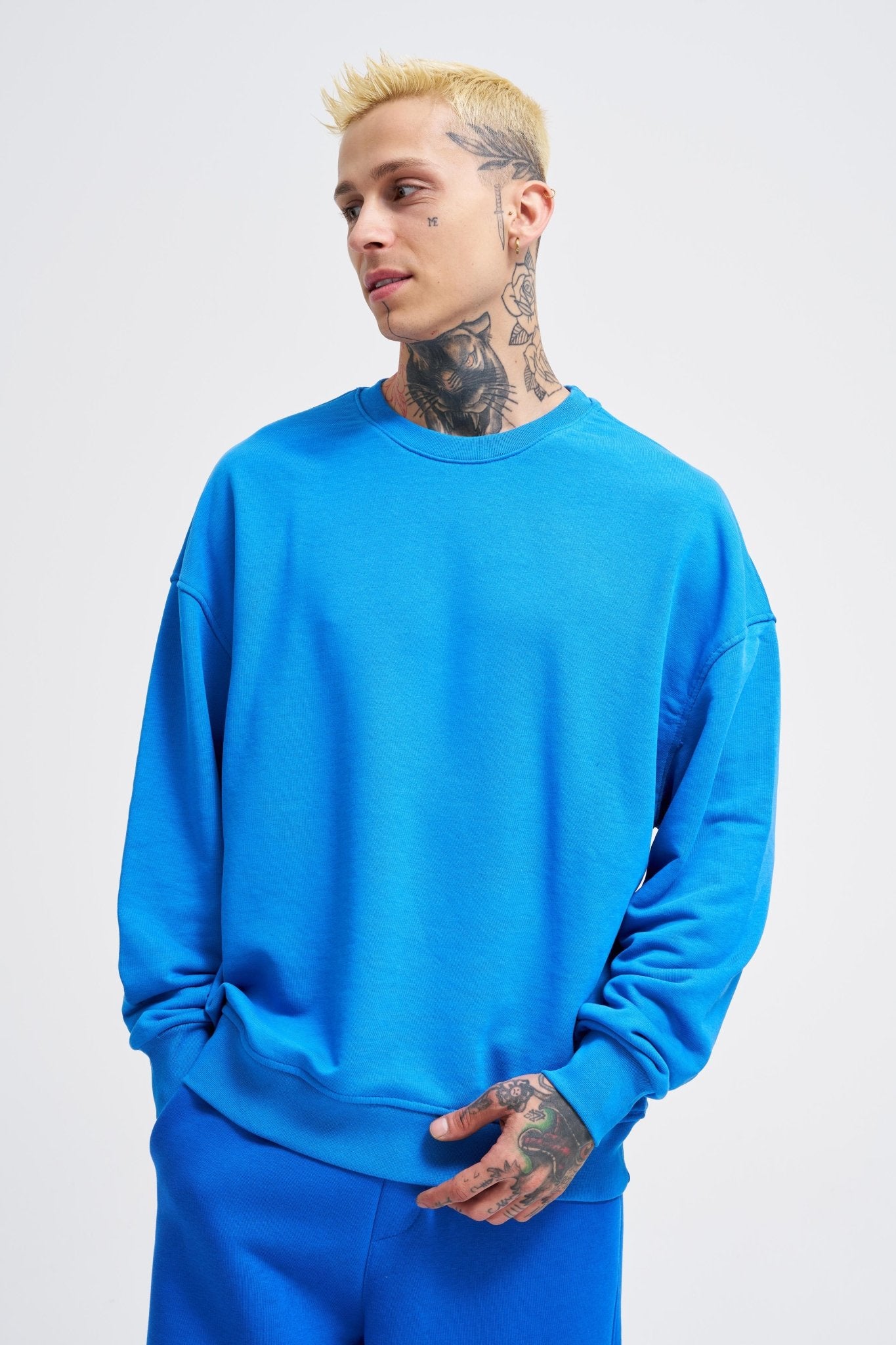 Erkek Bisiklet Yaka Basic Oversize Sweatshirt Saks Mavi
