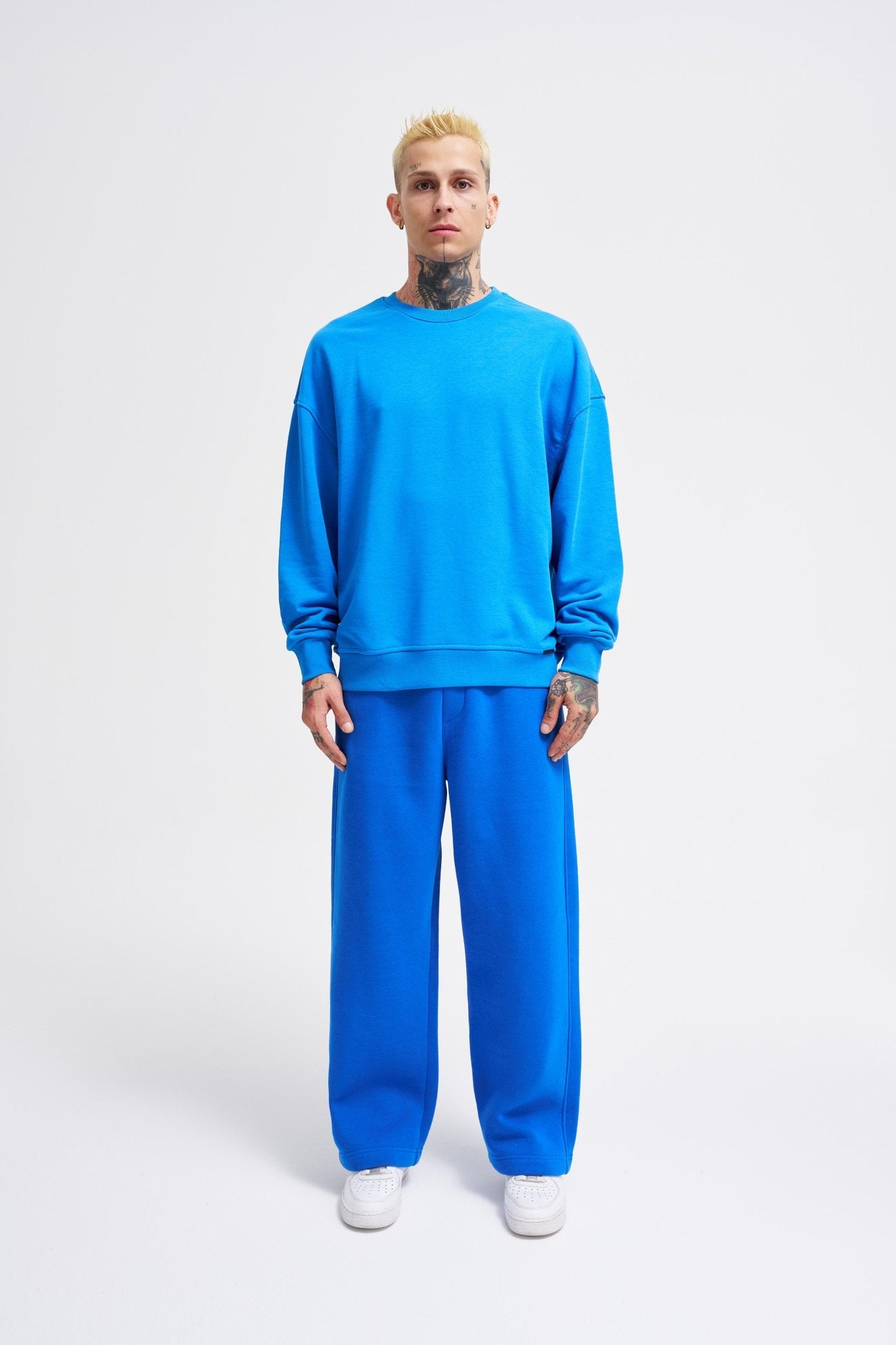 Erkek Bisiklet Yaka Basic Oversize Sweatshirt Saks Mavi