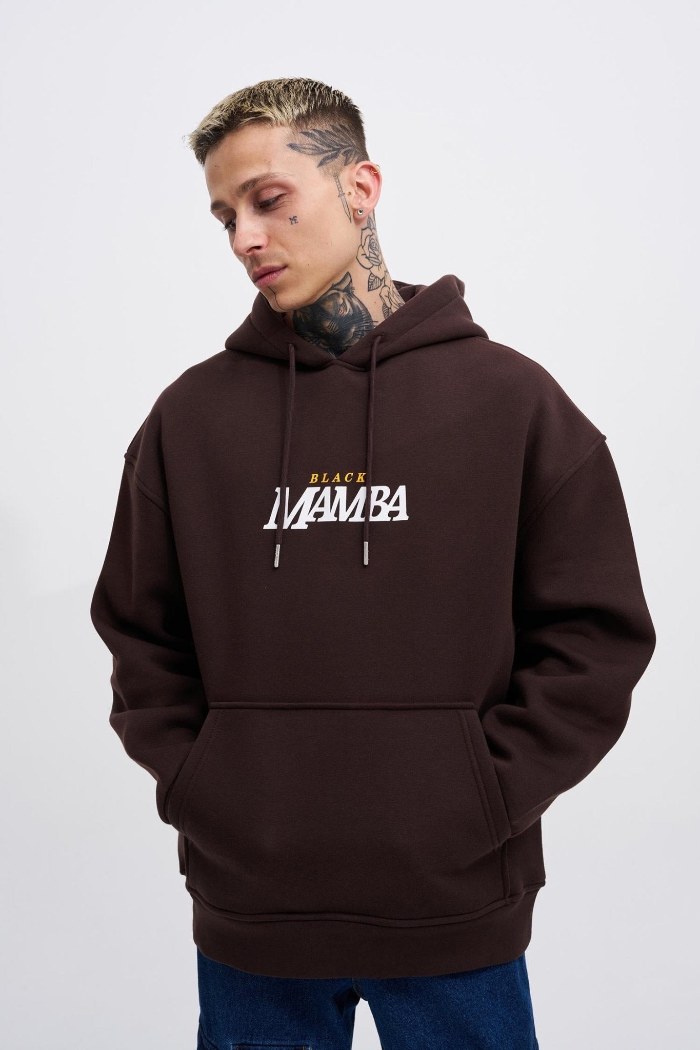 Erkek Black Mamba Baskılı Oversize Sweatshirt Koyu Kahverengi