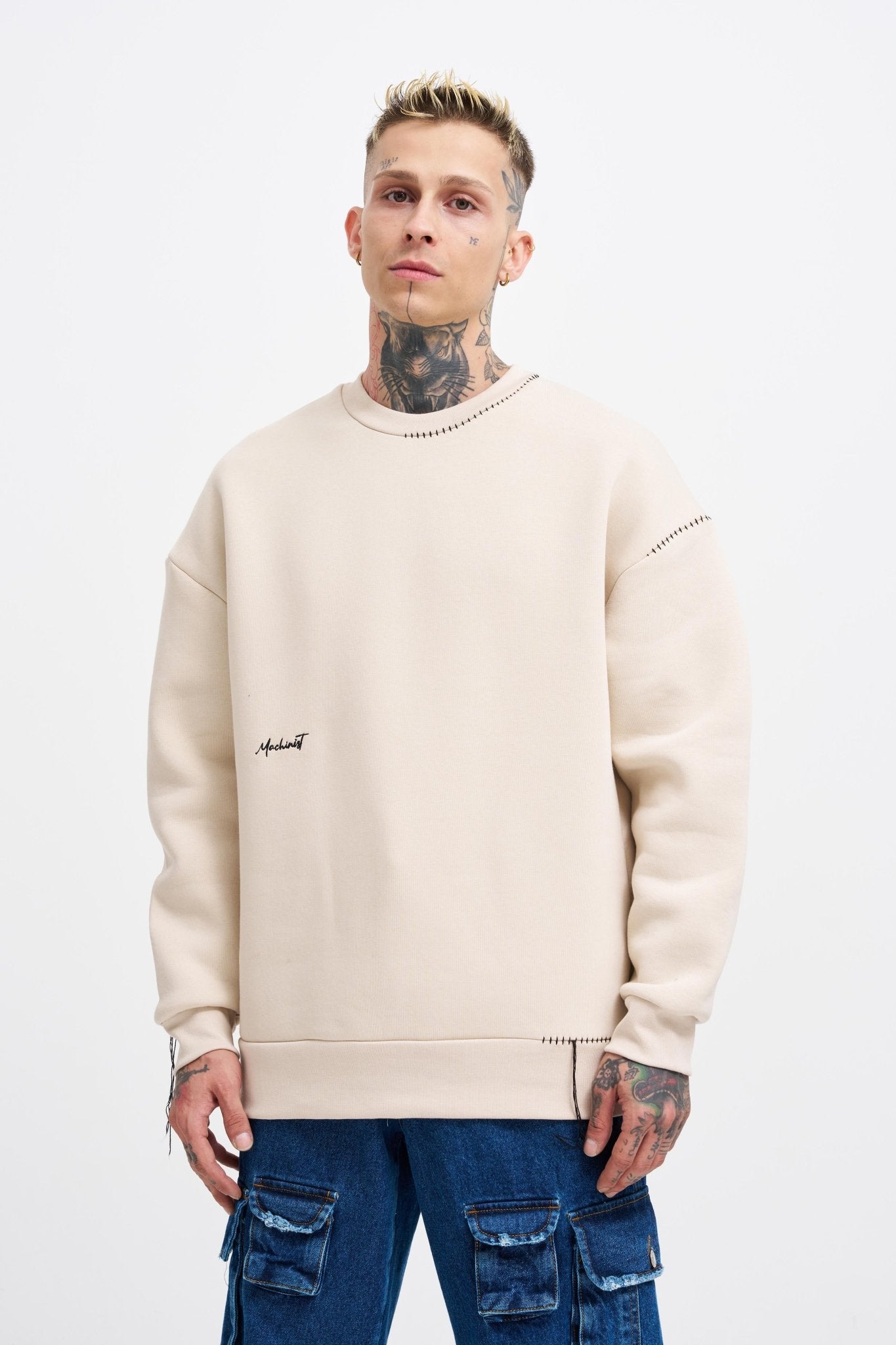 Erkek Blanket Stitch Sweatshirt Açık Bej