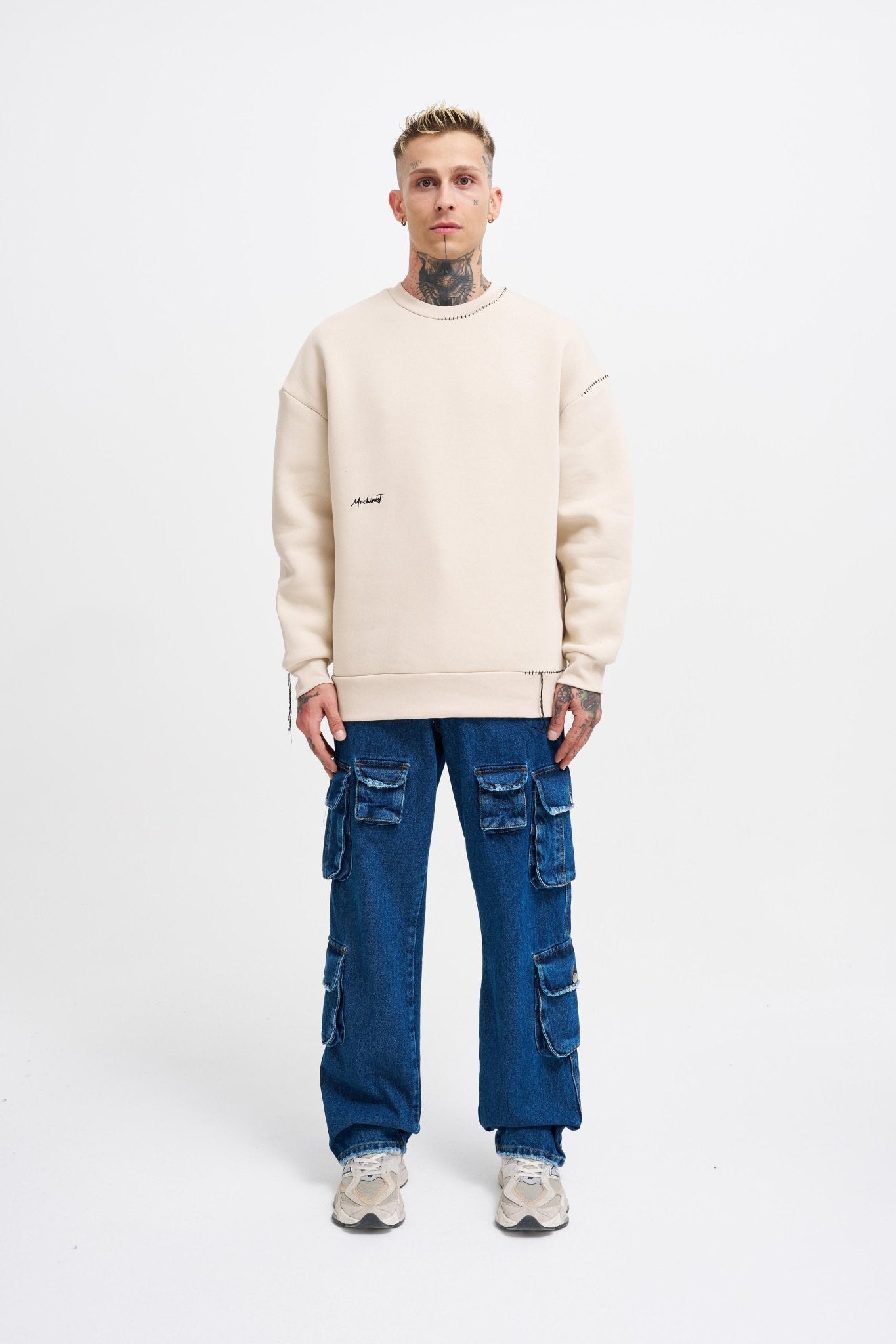 Erkek Blanket Stitch Sweatshirt Açık Bej