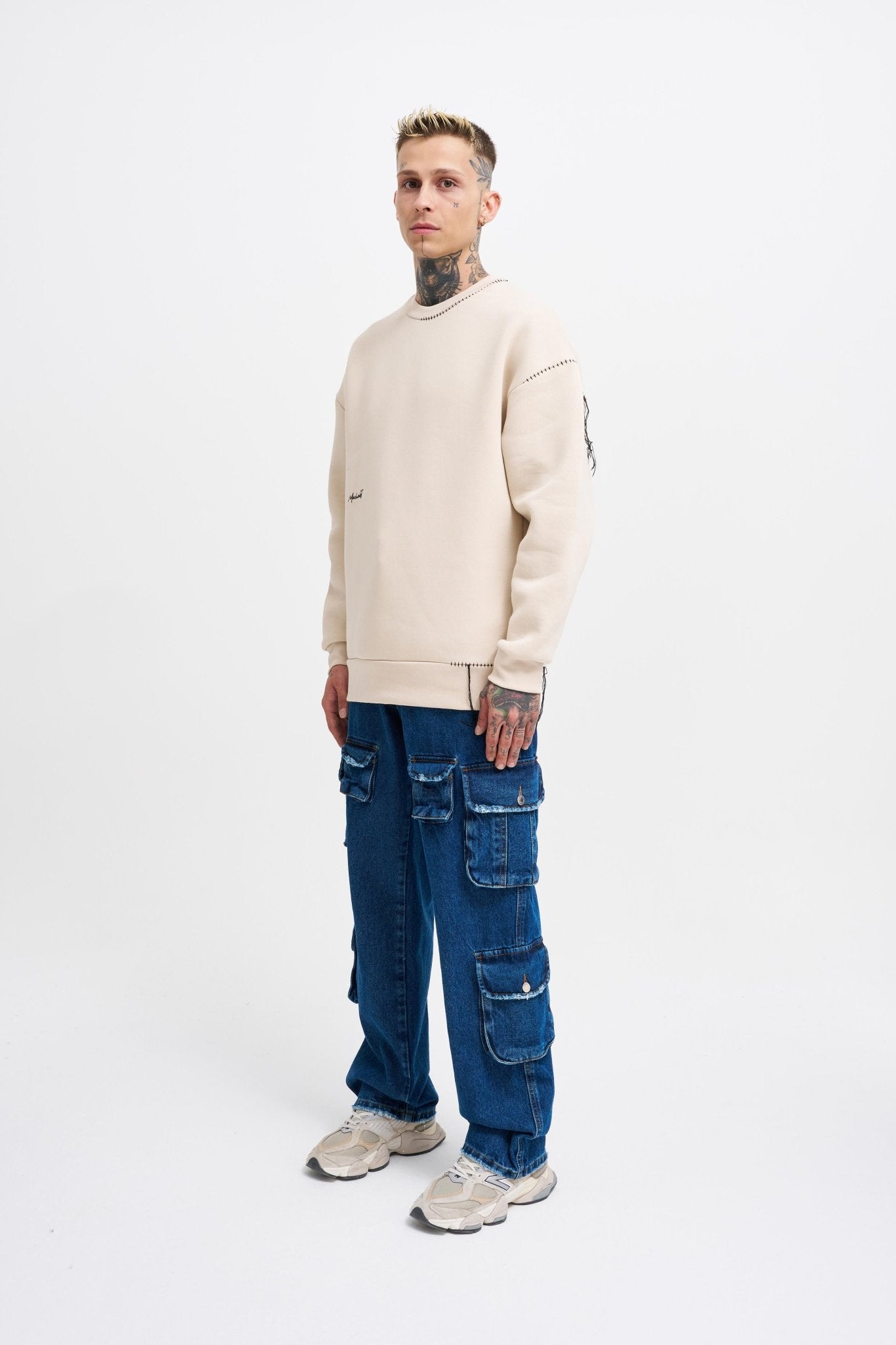 Erkek Blanket Stitch Sweatshirt Açık Bej
