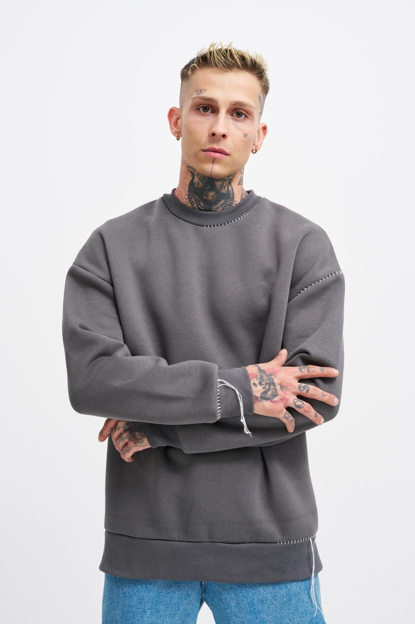 Erkek Blanket Stitch Sweatshirt Antrasit
