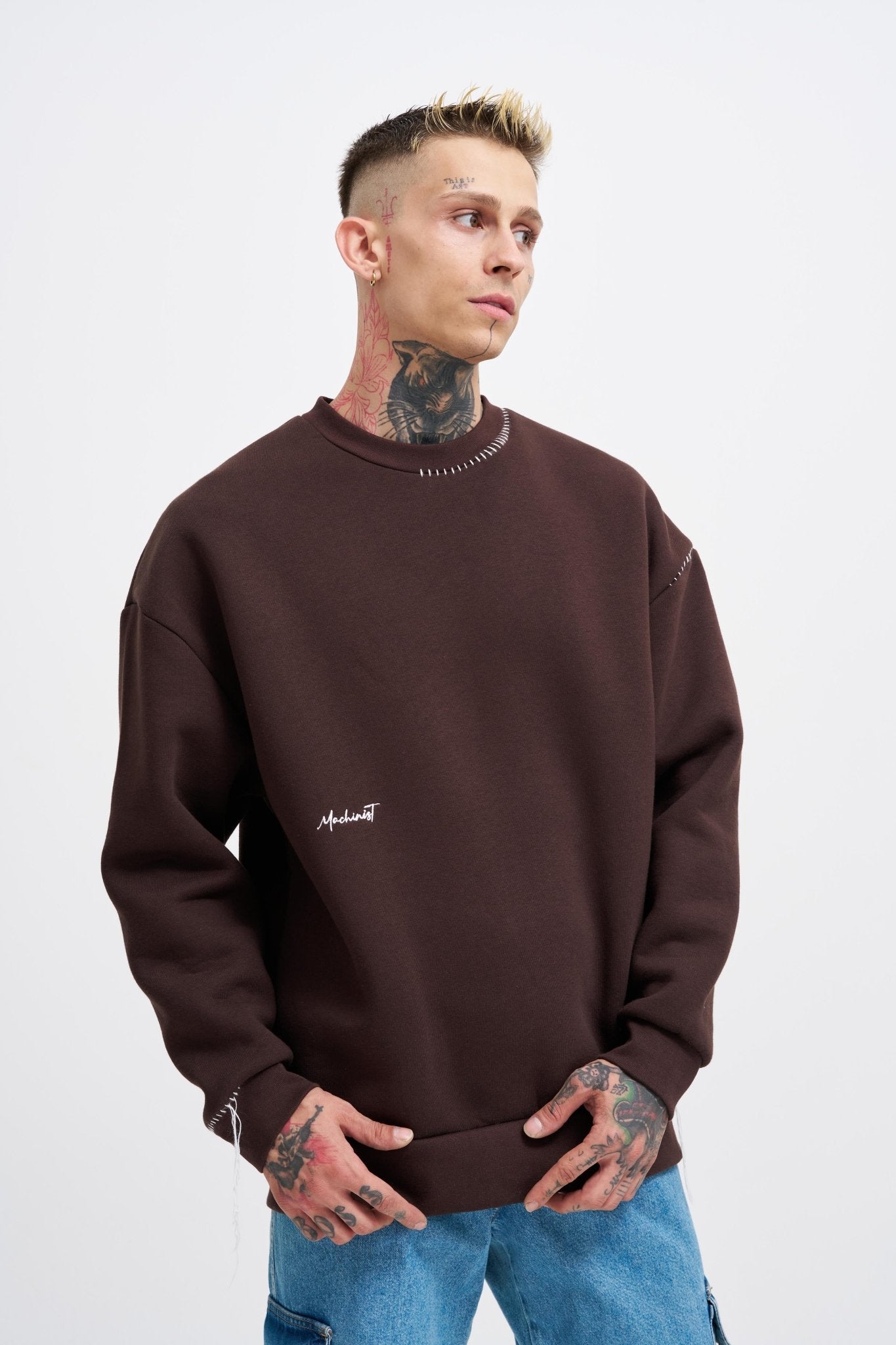 Erkek Blanket Stitch Sweatshirt Koyu Kahverengi
