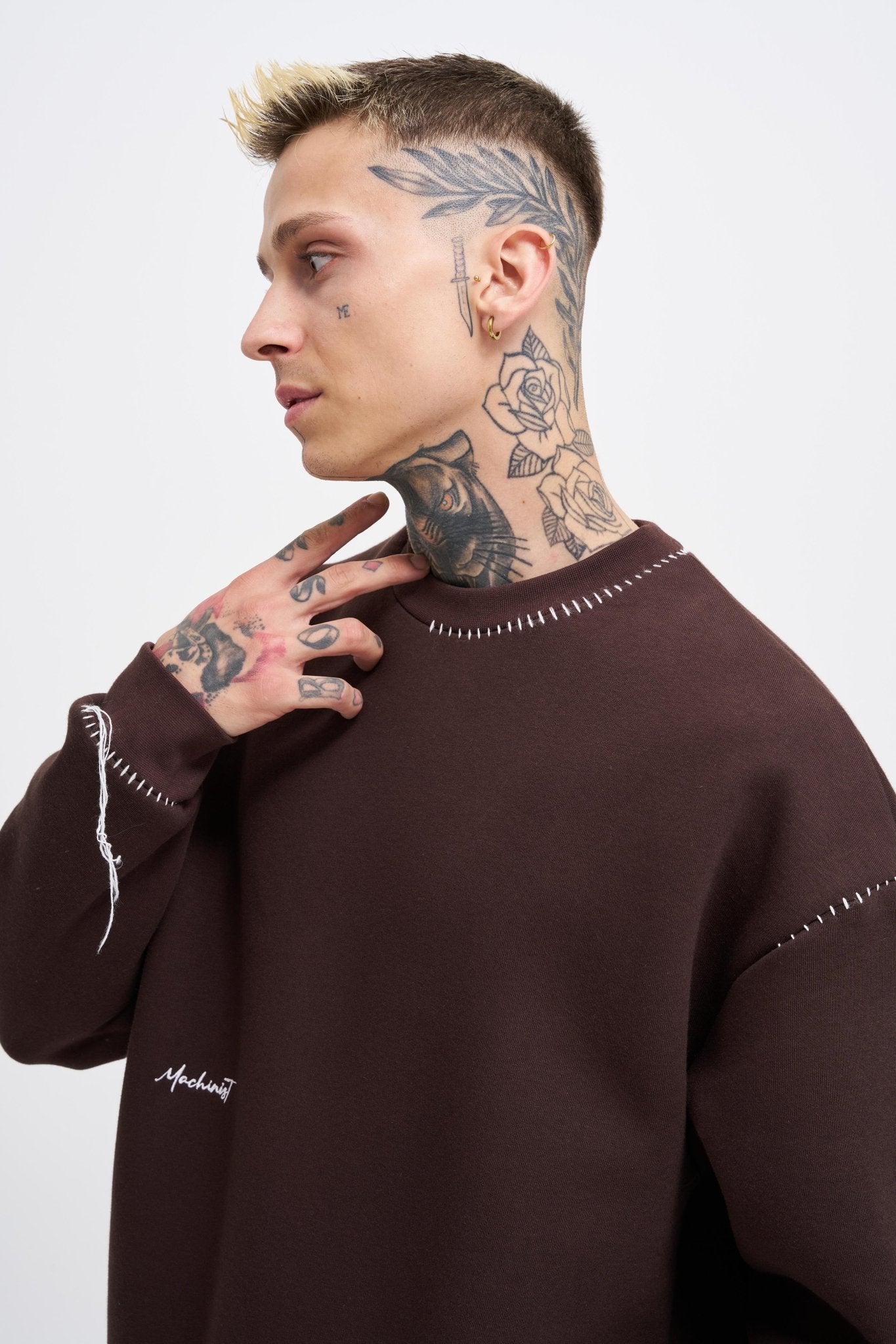 Erkek Blanket Stitch Sweatshirt Koyu Kahverengi