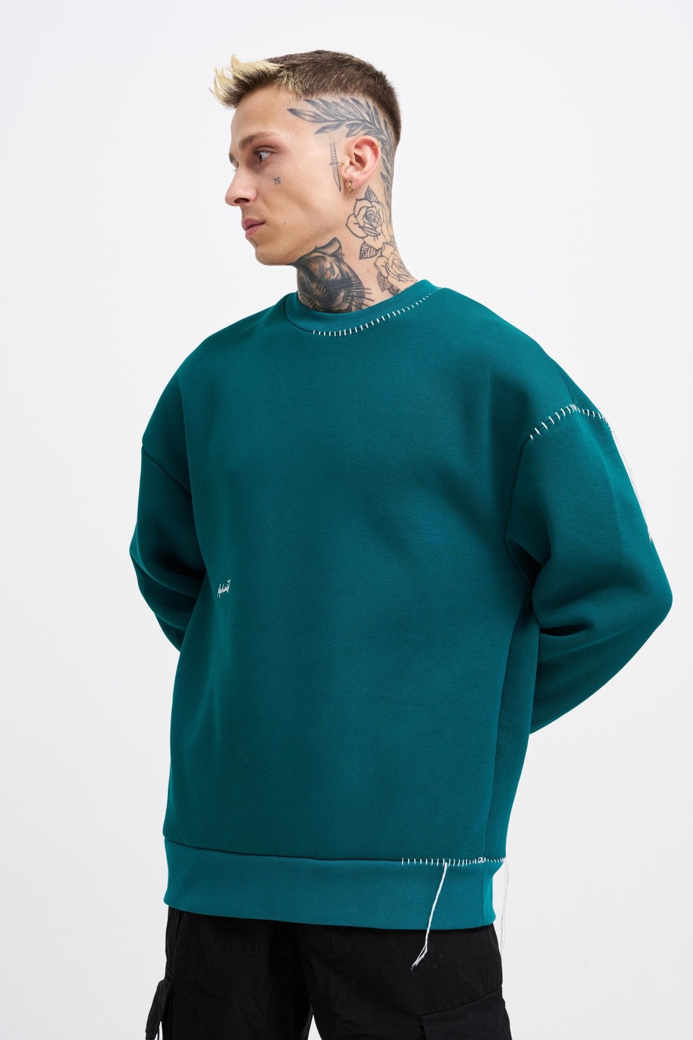 Erkek Blanket Stitch Sweatshirt Yağ Yeşili