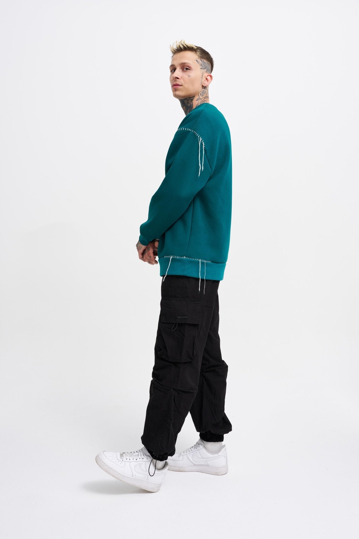 Erkek Blanket Stitch Sweatshirt Yağ Yeşili