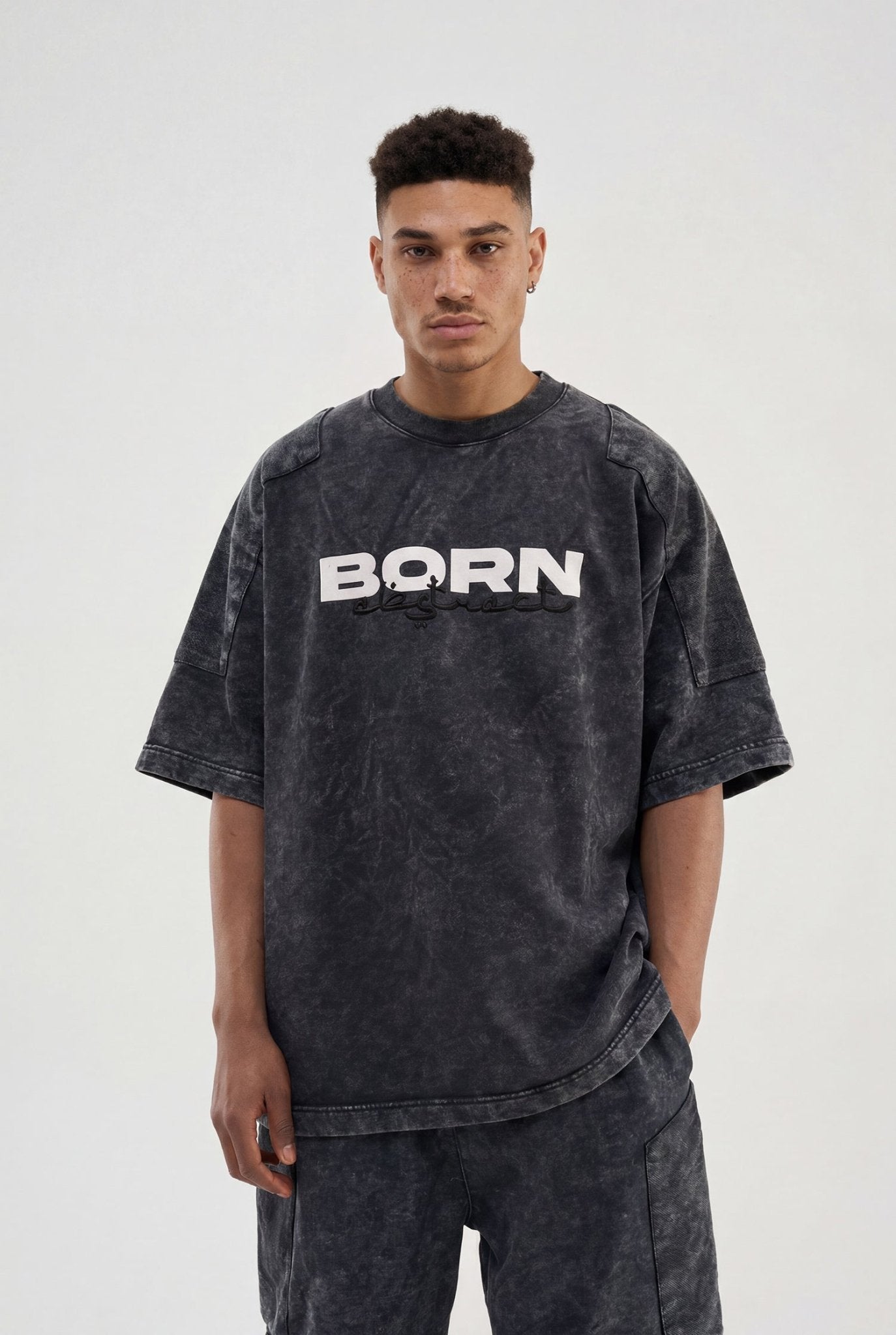 Erkek Born Again Baskılı ve Nakışlı Yıkamalı Oversize Tişört Siyah