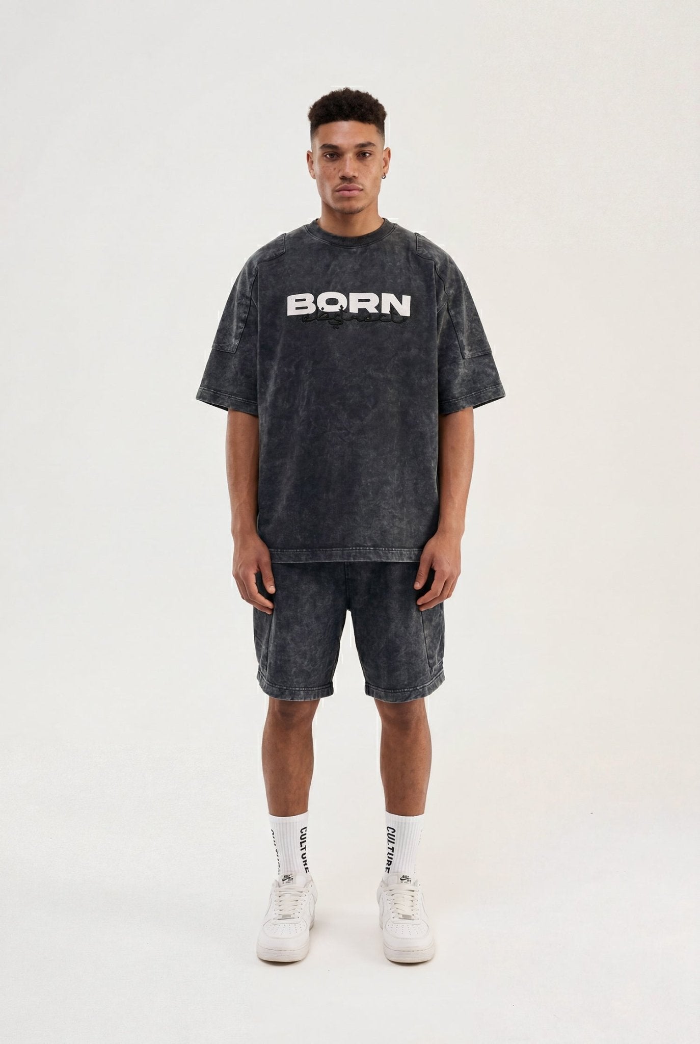 Erkek Born Again Baskılı ve Nakışlı Yıkamalı Oversize Tişört Siyah