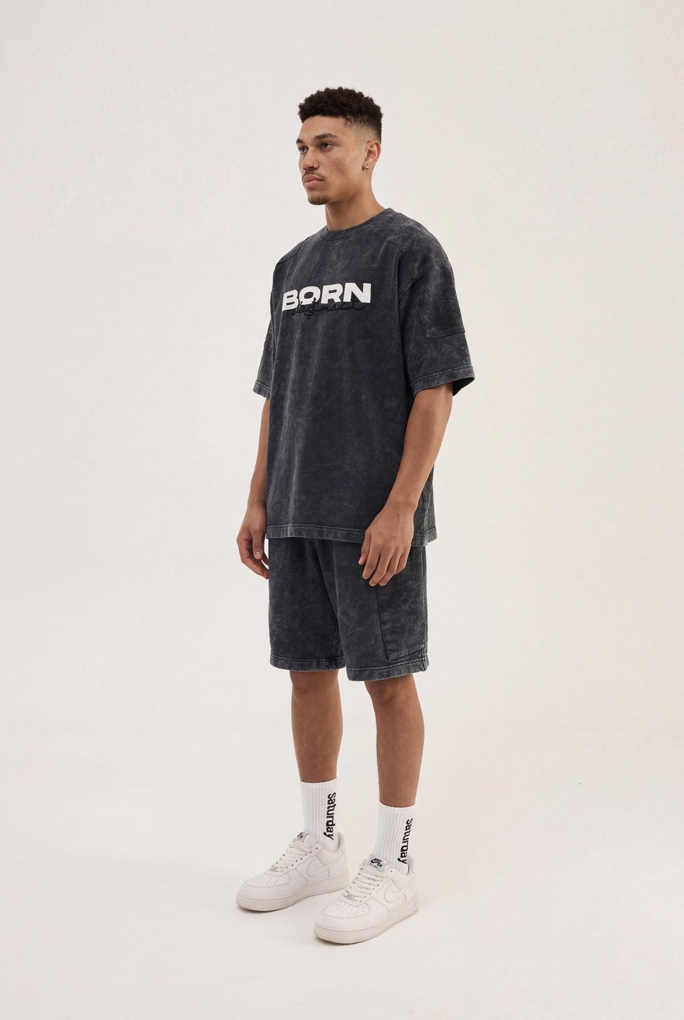 Erkek Born Again Baskılı ve Nakışlı Yıkamalı Oversize Tişört Siyah
