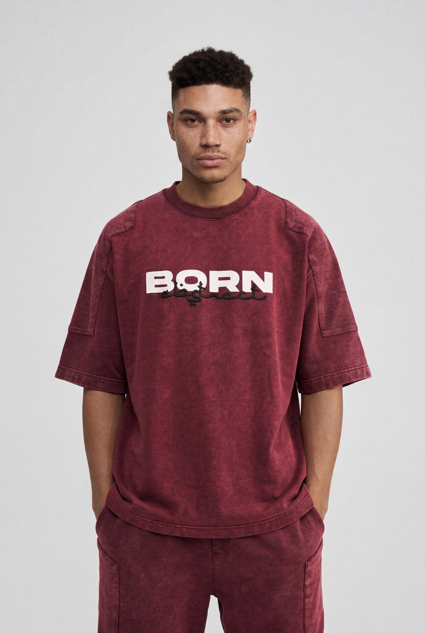 Erkek Born Again Baskılı ve Nakışlı Yıkamalı Oversize Tişört Vişne