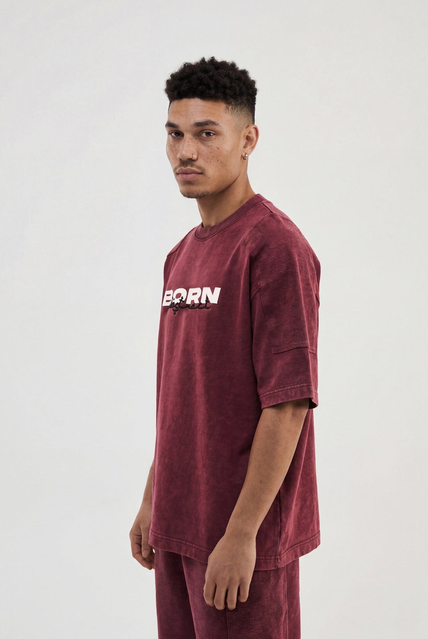 Erkek Born Again Baskılı ve Nakışlı Yıkamalı Oversize Tişört Vişne