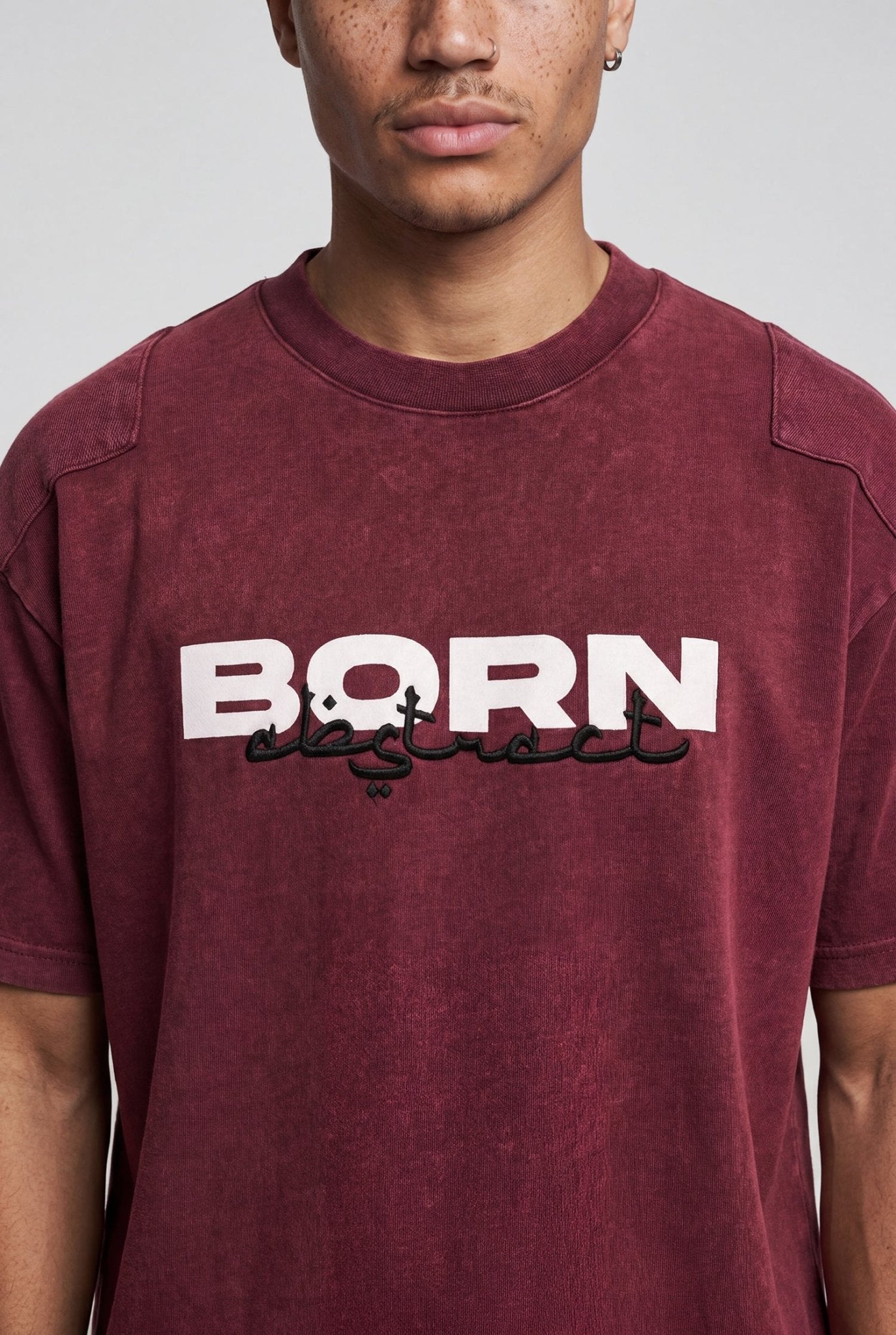 Erkek Born Again Baskılı ve Nakışlı Yıkamalı Oversize Tişört Vişne