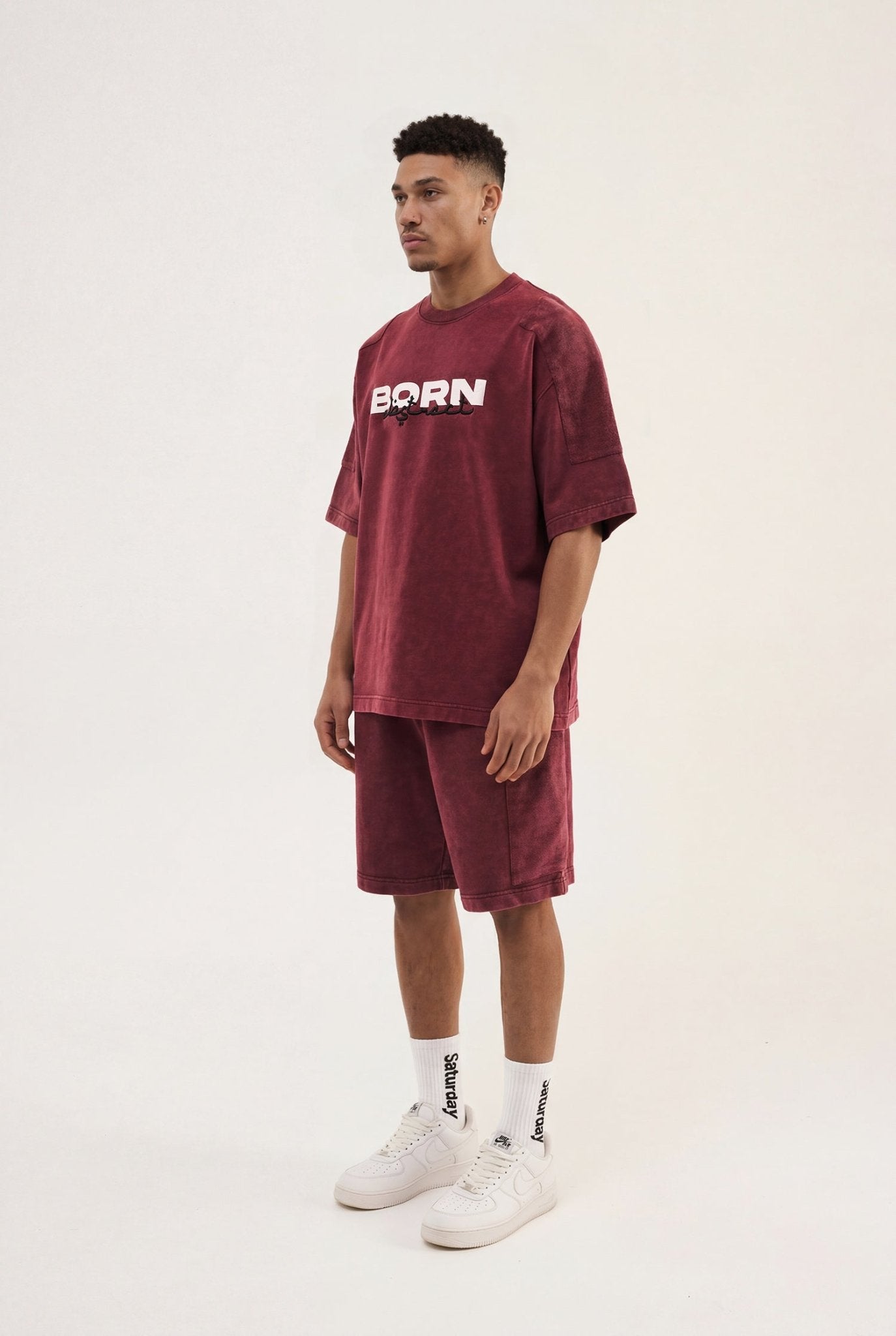 Erkek Born Again Baskılı ve Nakışlı Yıkamalı Oversize Tişört Vişne