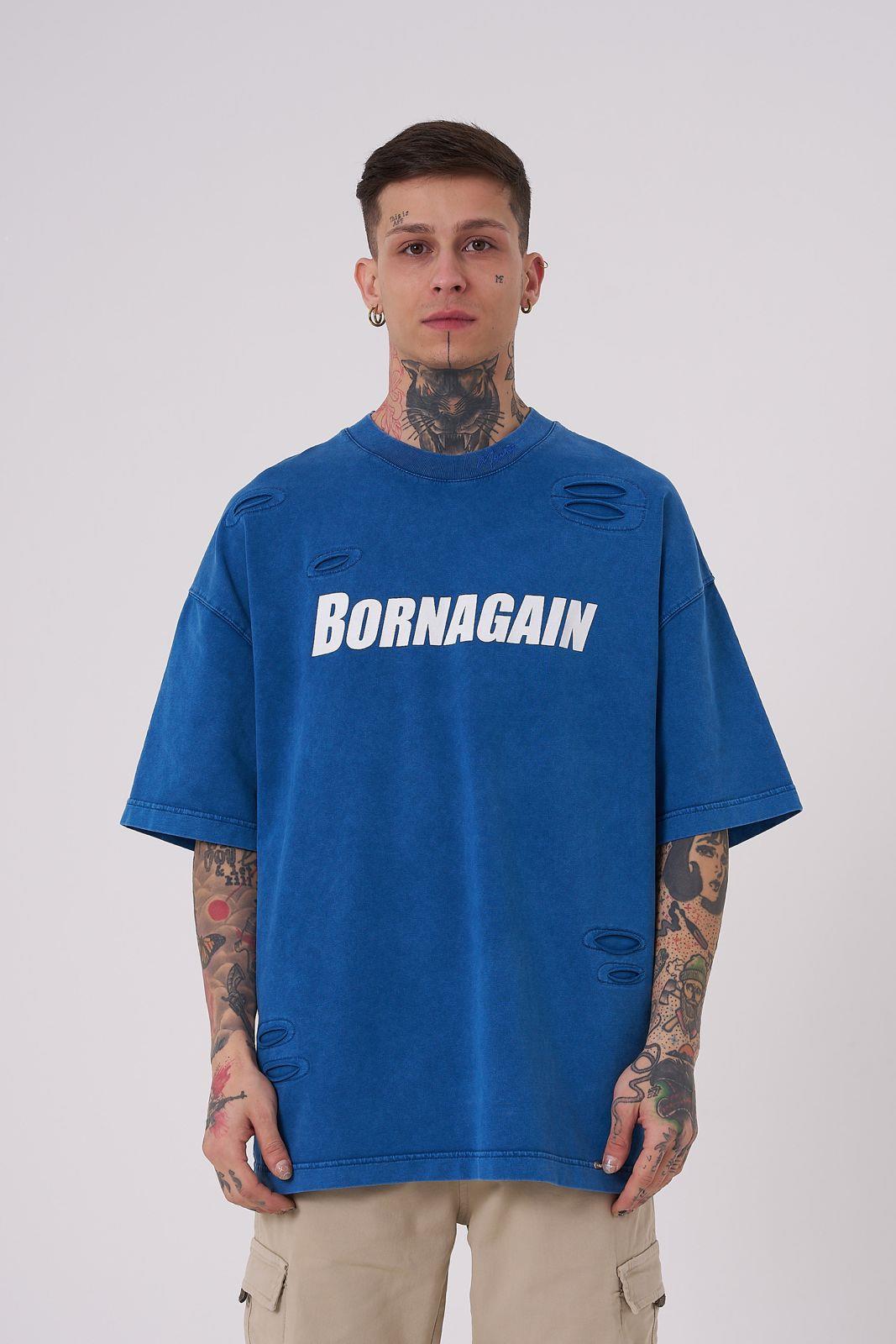 Erkek Born Again Baskılı Yıkamalı Tişört Indigo
