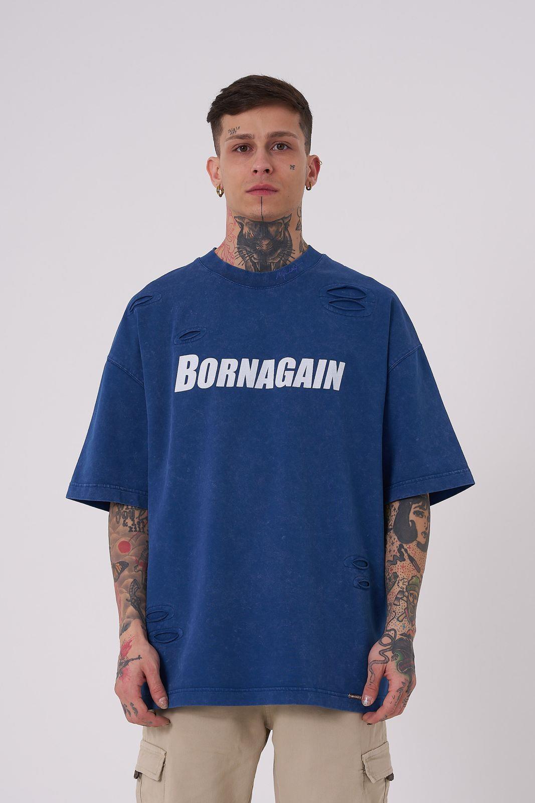 Erkek Born Again Baskılı Yıkamalı Tişört Indigo