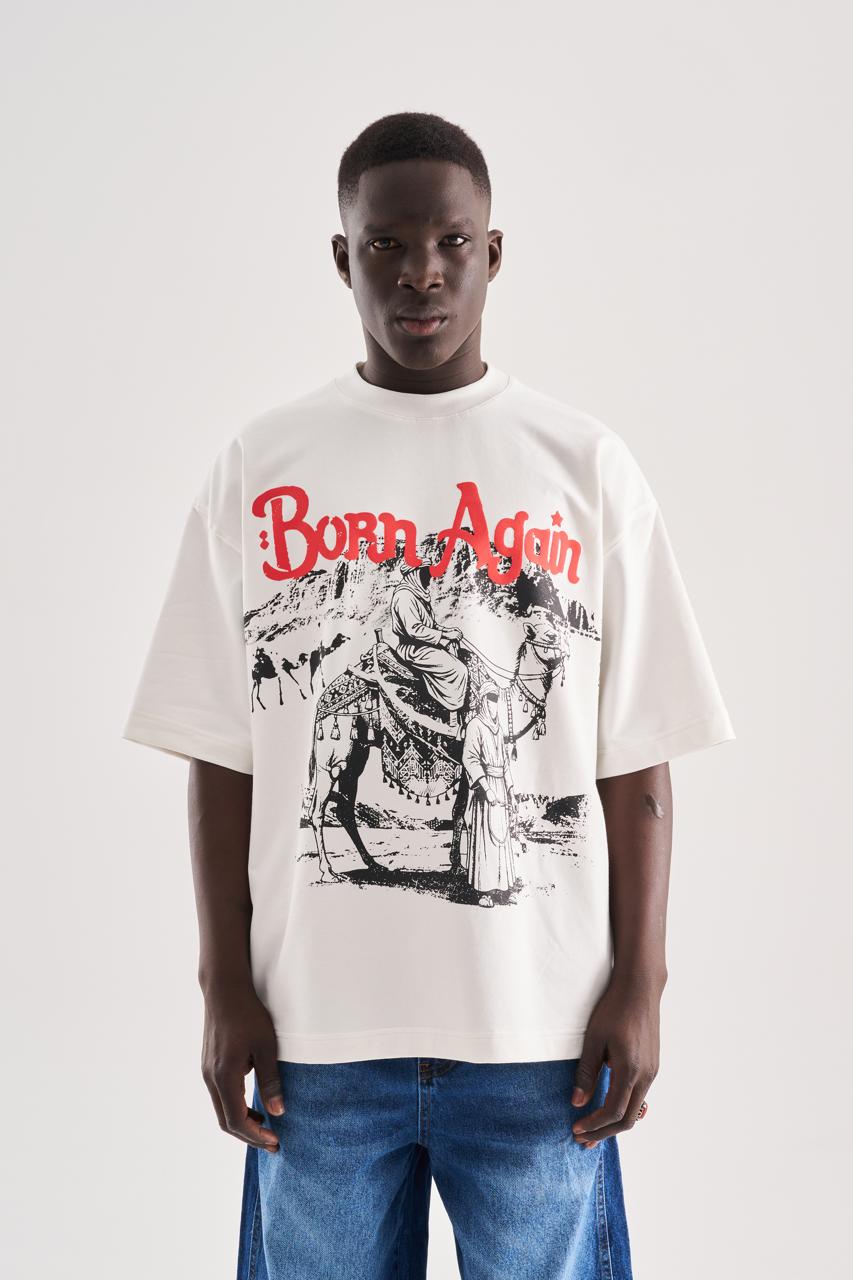 Erkek Born Again High Printed Oversize Tişört Ekru